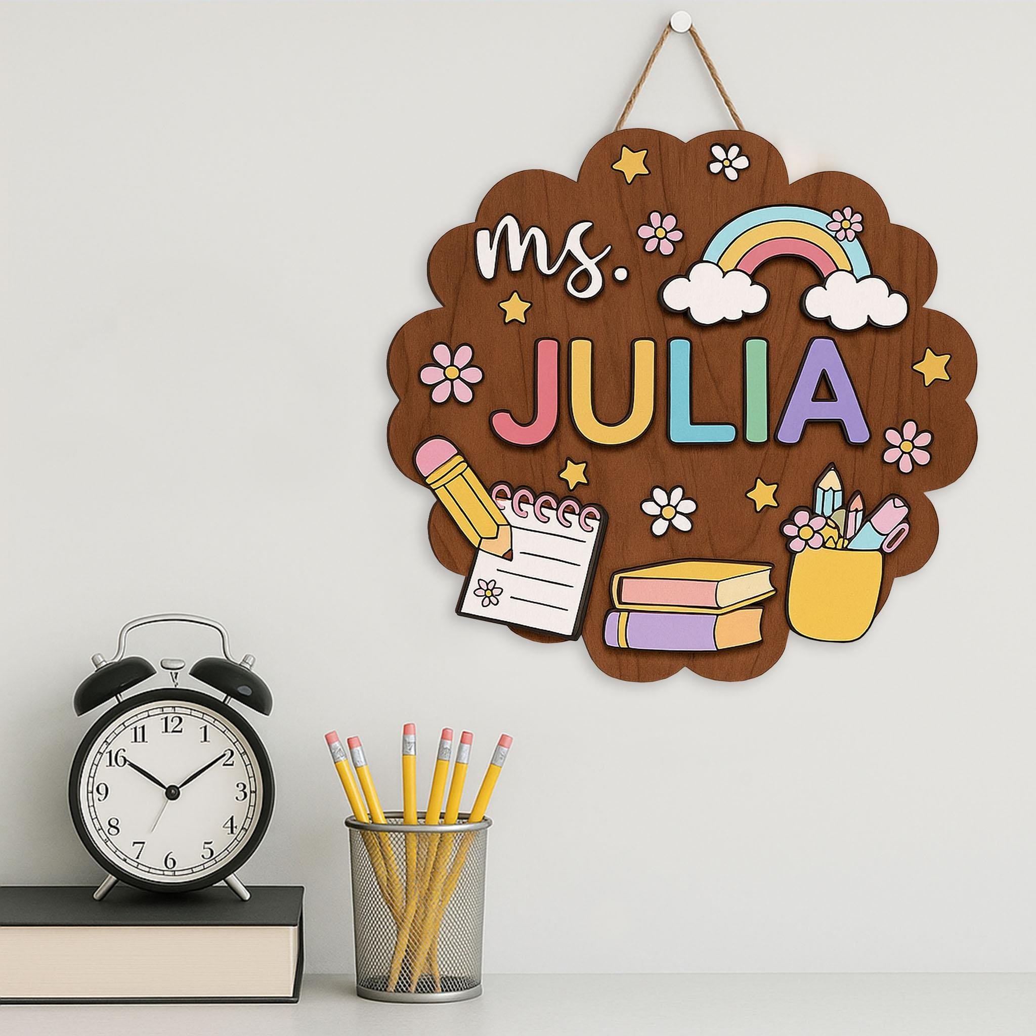 Custom Teacher Flower 3D Door Sign, Teacher Classroom Decor, Rainbow Wooden Name Sign, Back to School Gift, Personalized Teacher Plaque