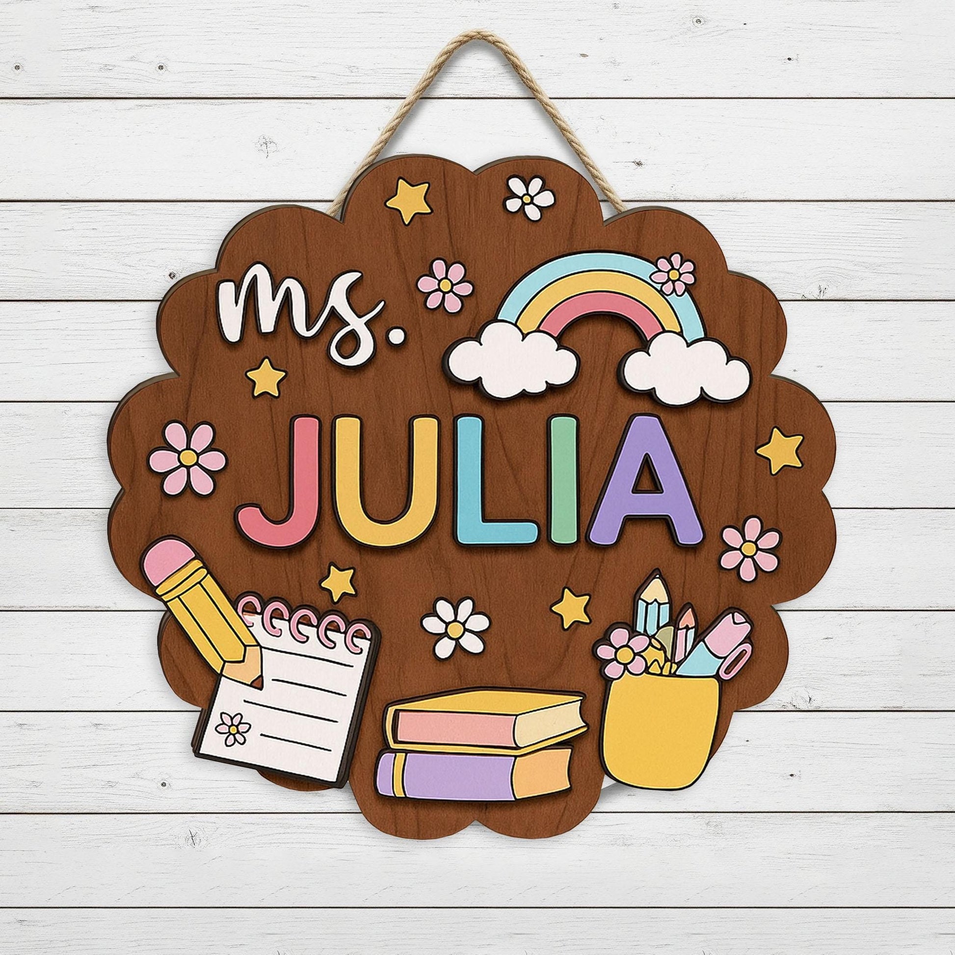Custom Teacher Flower 3D Door Sign, Teacher Classroom Decor, Rainbow Wooden Name Sign, Back to School Gift, Personalized Teacher Plaque