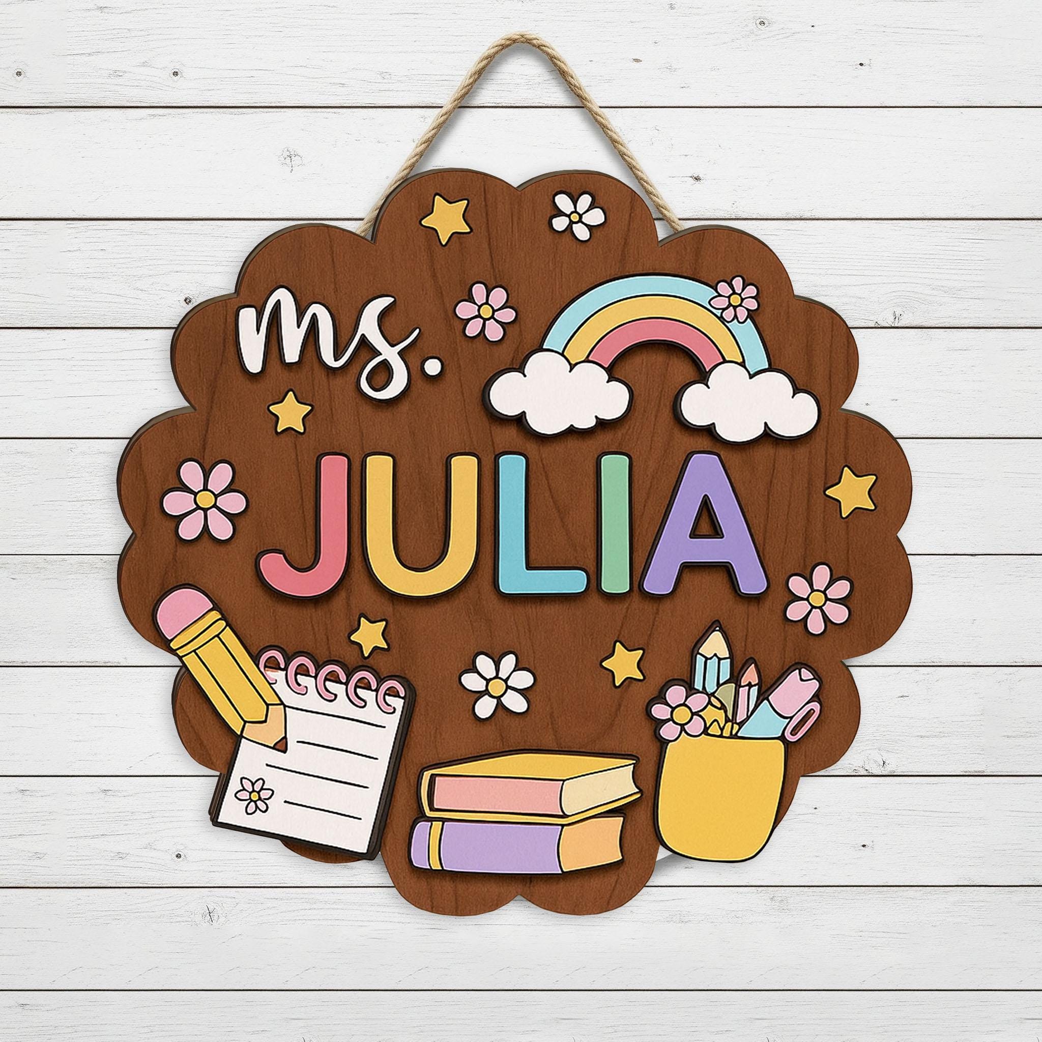 Custom Teacher Flower 3D Door Sign, Teacher Classroom Decor, Rainbow Wooden Name Sign, Back to School Gift, Personalized Teacher Plaque
