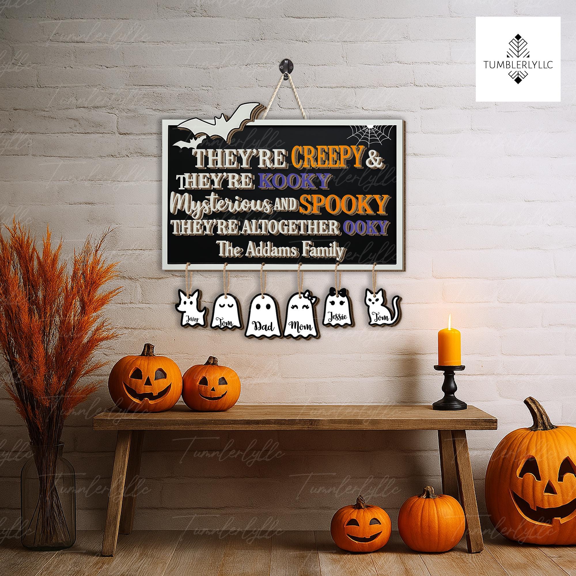 Custom Family Halloween Sign | Creepy Spooky Kooky Wall Decor | Personalized Ghost Family Name Plaque | Fall Halloween Home Decor