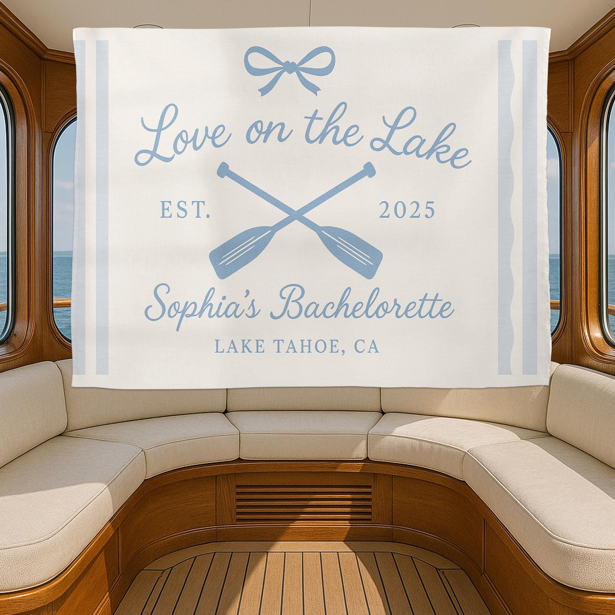 Custom Lake Bachelorette Banner | Nautical Bridal Shower Tapestry | Love on the Lake Party Decor | Personalized Boat Flag for Bride