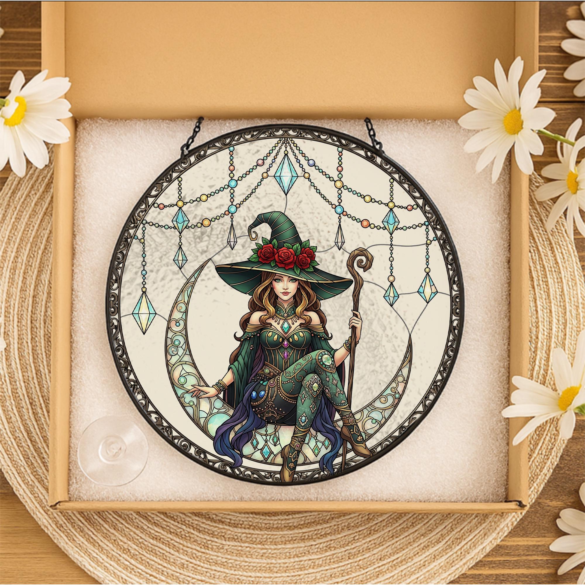 Witch Suncatcher Glass Art – Green Witch Decor for Windows – Housewarming or Halloween Gift – Whimsical Fantasy Window Charm