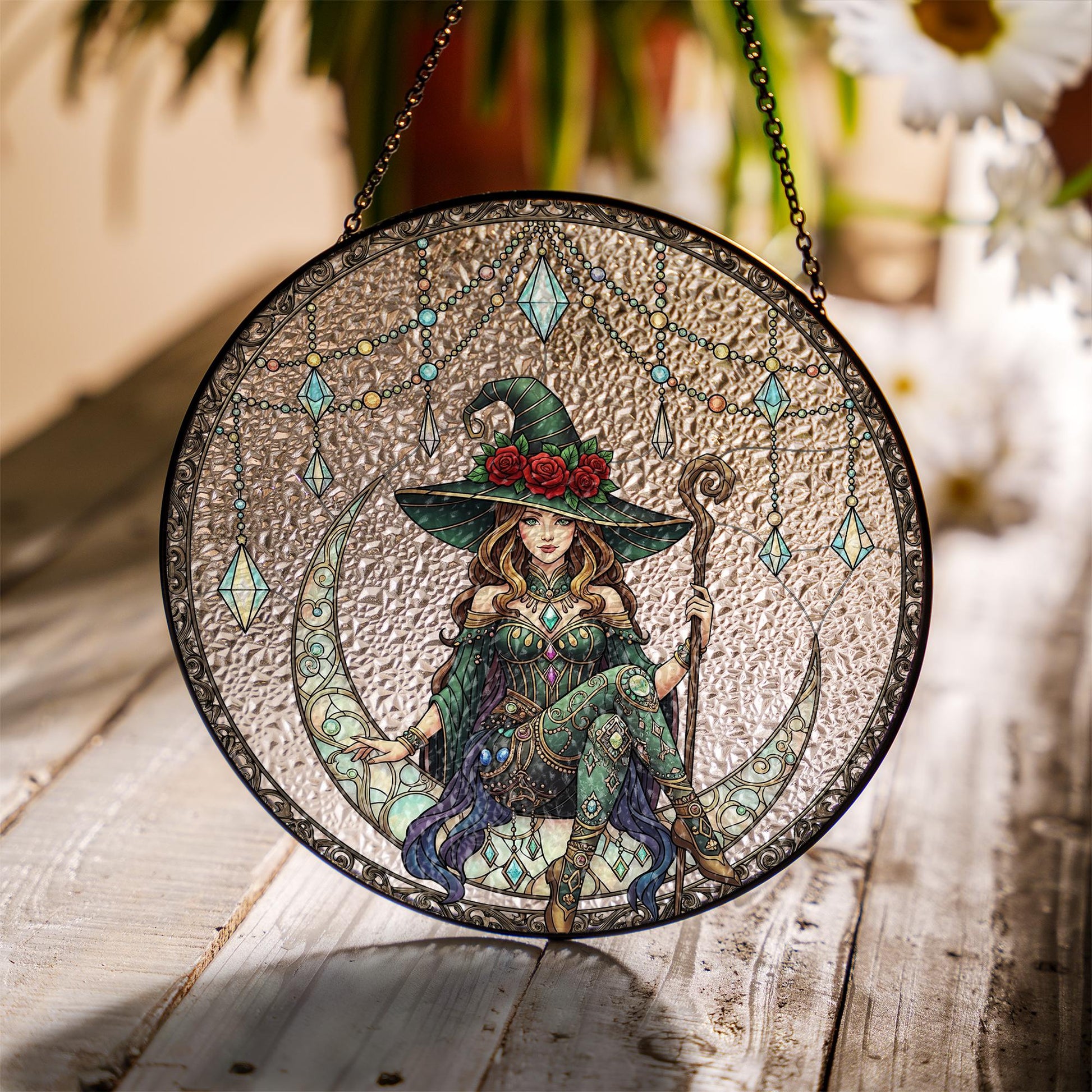 Witch Suncatcher Glass Art – Green Witch Decor for Windows – Housewarming or Halloween Gift – Whimsical Fantasy Window Charm