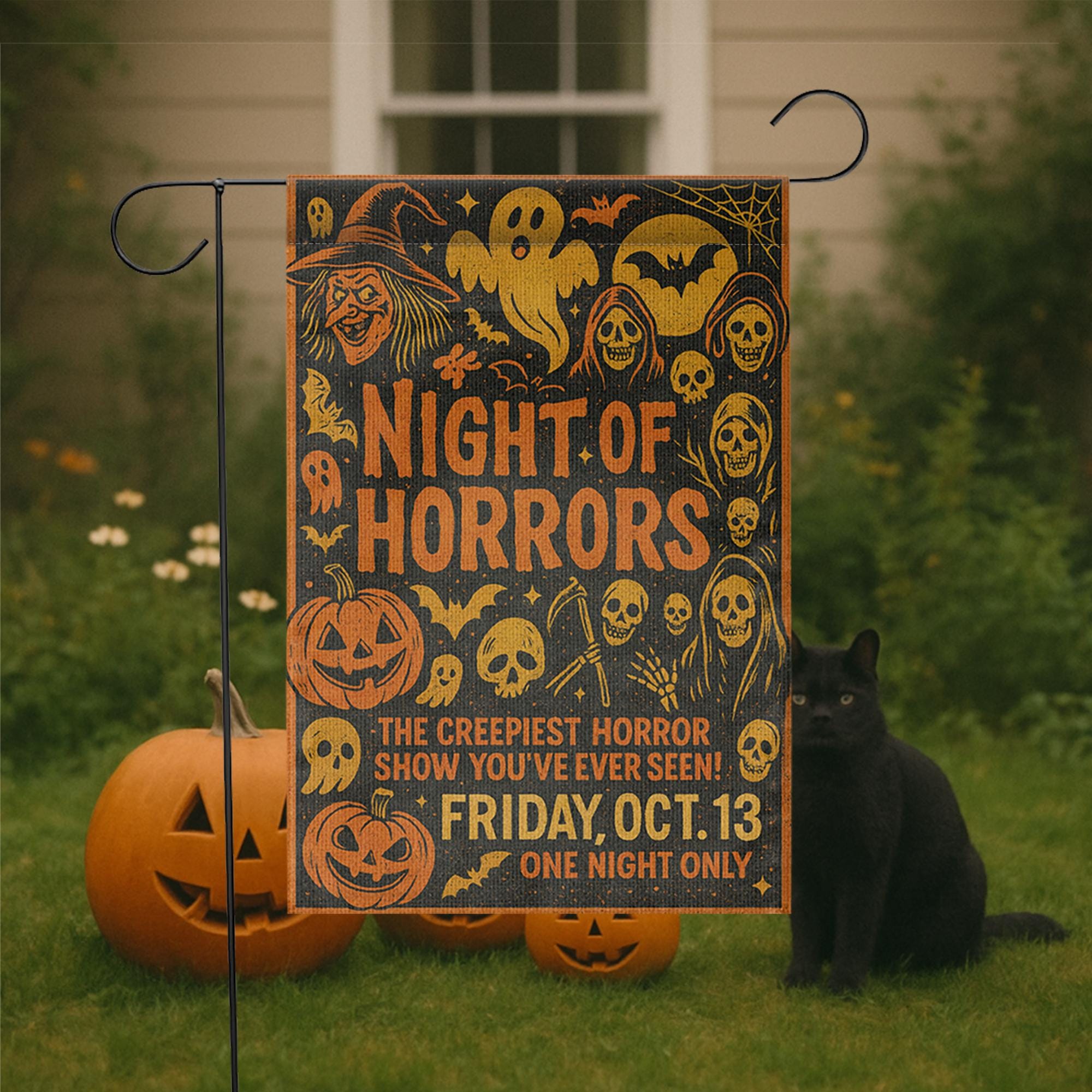 Halloween Garden Flag – Night of Horrors Sign for Yard or Lawn – Creepy Outdoor Decoration – Spooky Friday the 13th Decor