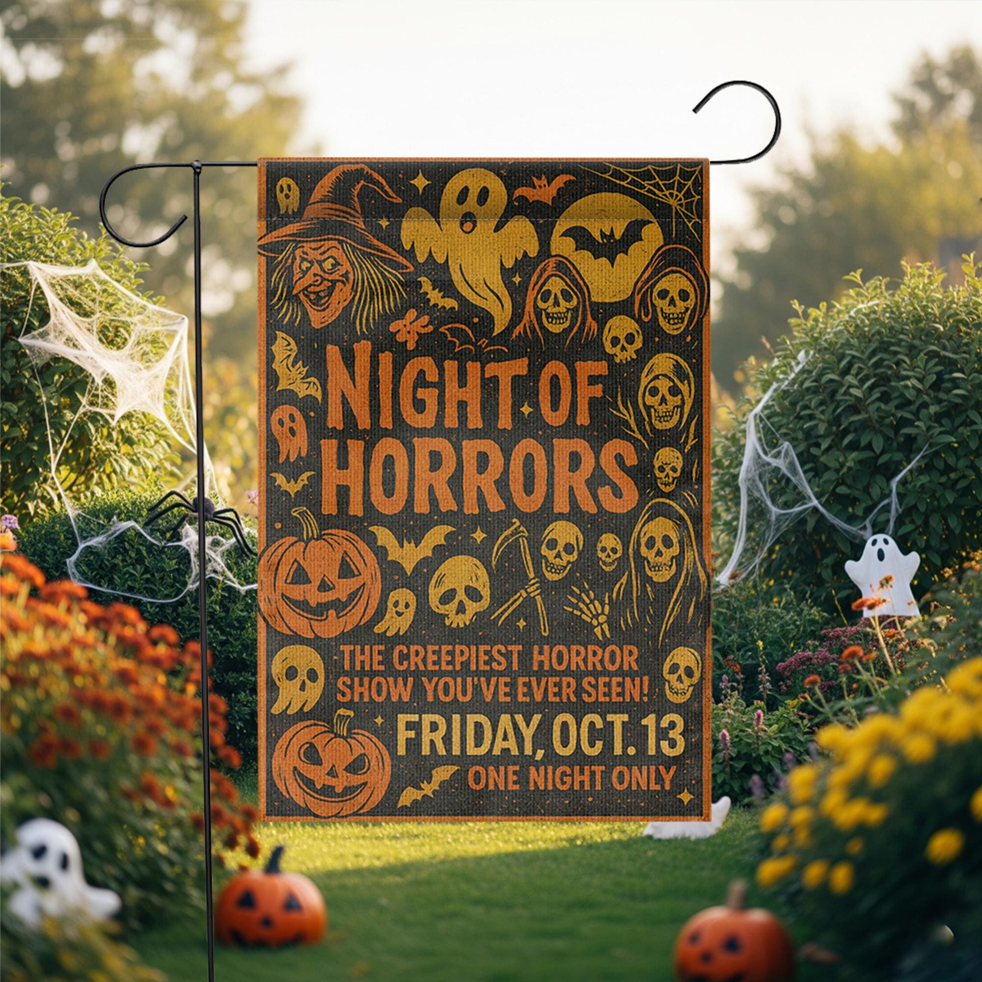 Halloween Garden Flag – Night of Horrors Sign for Yard or Lawn – Creepy Outdoor Decoration – Spooky Friday the 13th Decor