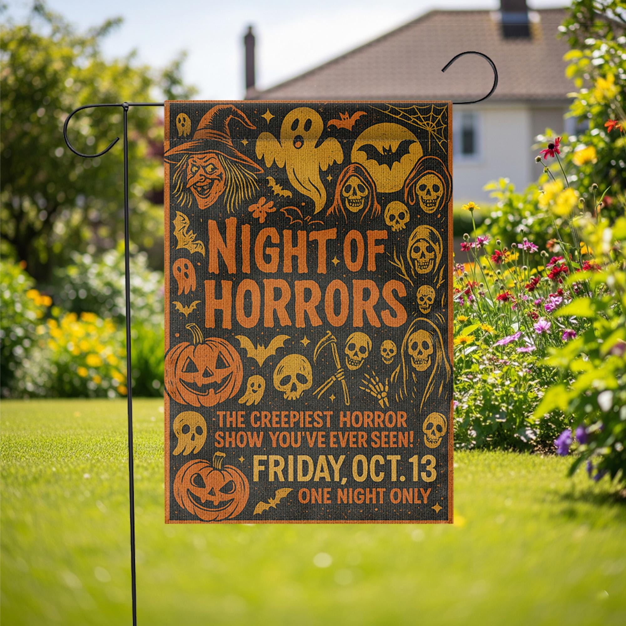 Halloween Garden Flag – Night of Horrors Sign for Yard or Lawn – Creepy Outdoor Decoration – Spooky Friday the 13th Decor