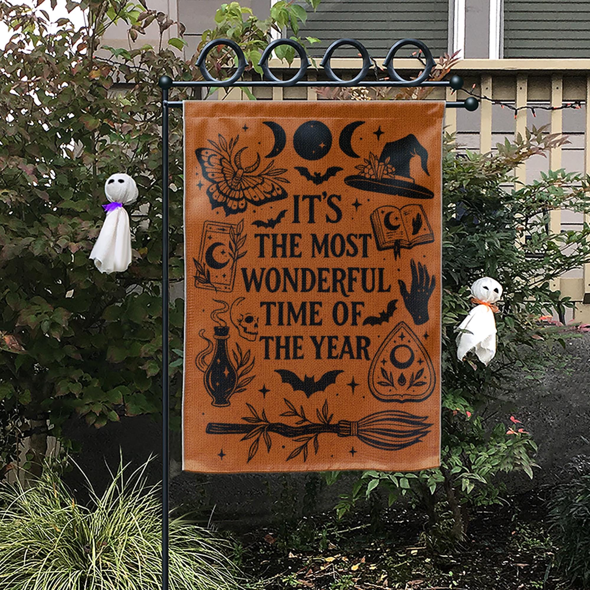 Witchy Halloween Garden Flag – “Most Wonderful Time” Outdoor Decor – Spooky Season Yard decor – Vintage Witch Porch Sign
