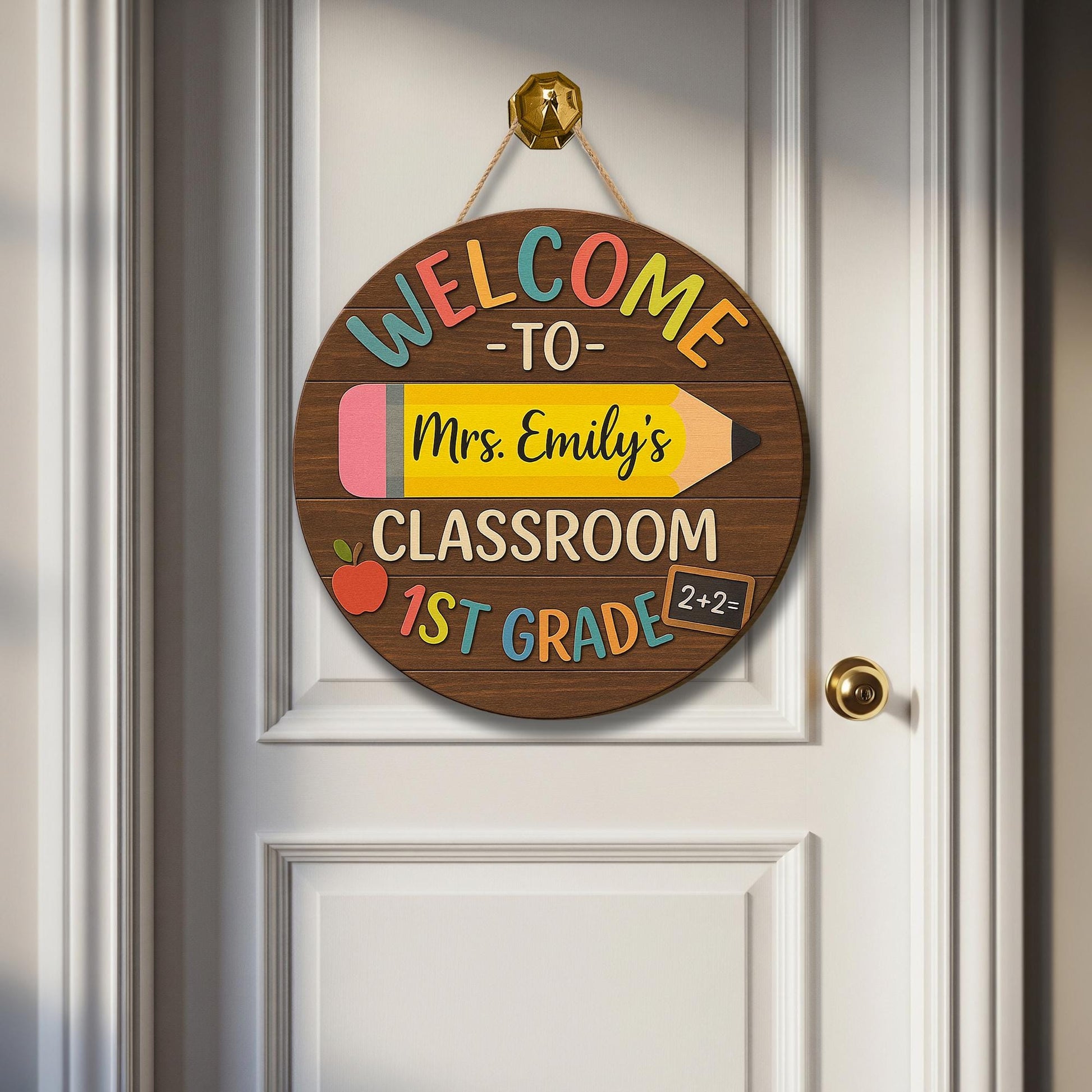 Personalized Classroom Door Sign – Custom Teacher Name Wood Welcome hanging – Back to School Decor for 1st Grade or Any Grade