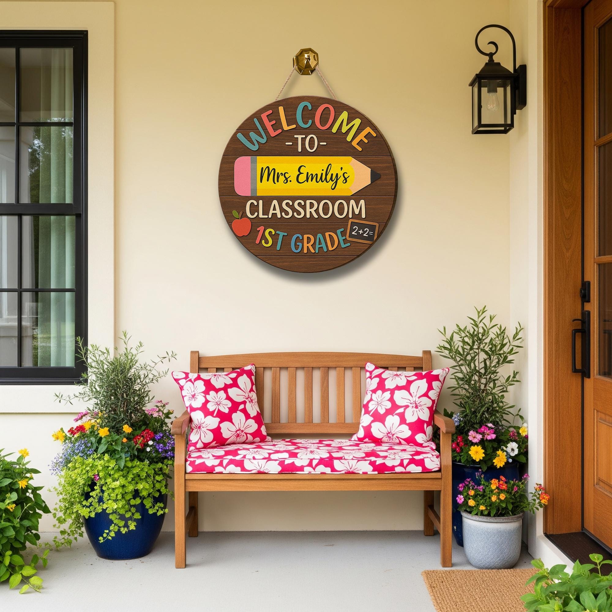 Personalized Classroom Door Sign – Custom Teacher Name Wood Welcome hanging – Back to School Decor for 1st Grade or Any Grade