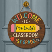 Personalized Classroom Door Sign – Custom Teacher Name Wood Welcome hanging – Back to School Decor for 1st Grade or Any Grade
