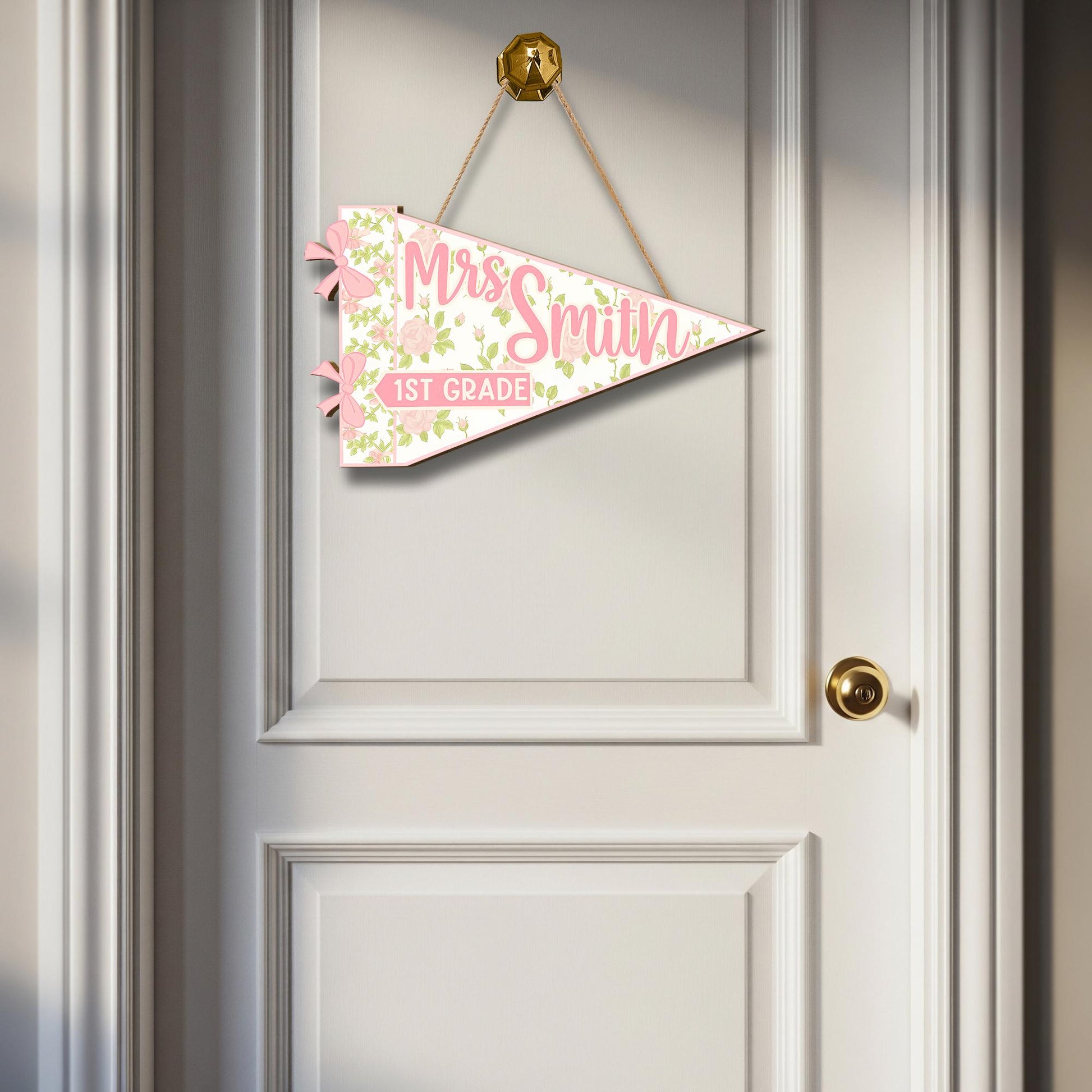 Custom Coquette Teacher Wooden Door Sign – Pink Floral Classroom Pennant custom Grade – Personalized Back to School Decor for Teachers
