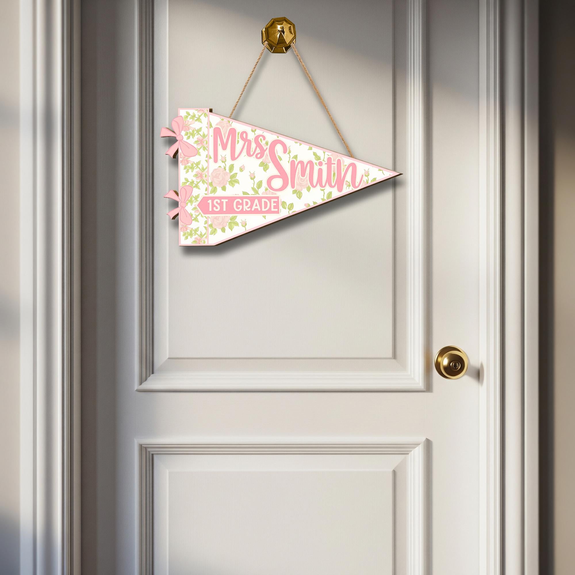 Custom Coquette Teacher Wooden Door Sign – Pink Floral Classroom Pennant custom Grade – Personalized Back to School Decor for Teachers