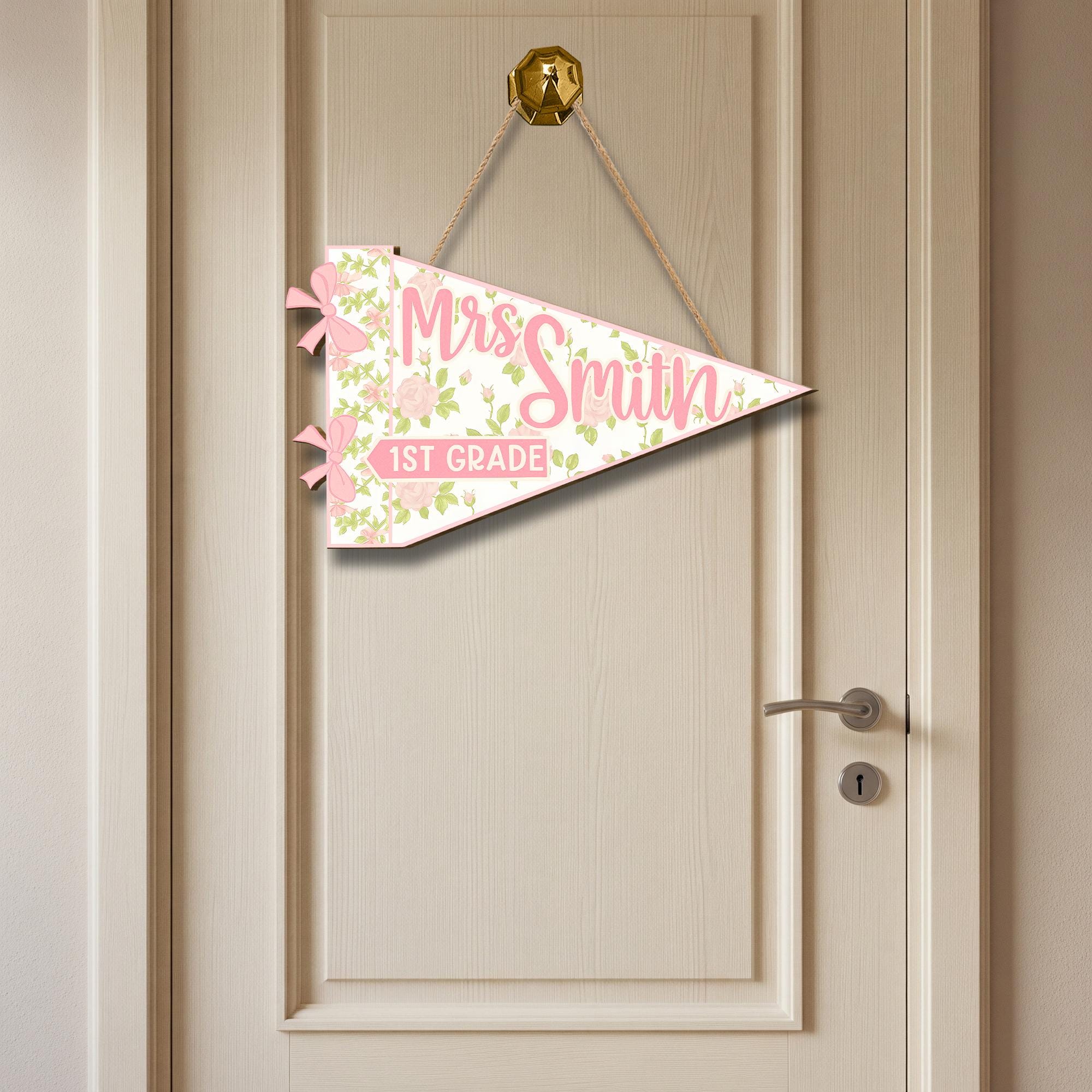 Custom Coquette Teacher Wooden Door Sign – Pink Floral Classroom Pennant custom Grade – Personalized Back to School Decor for Teachers