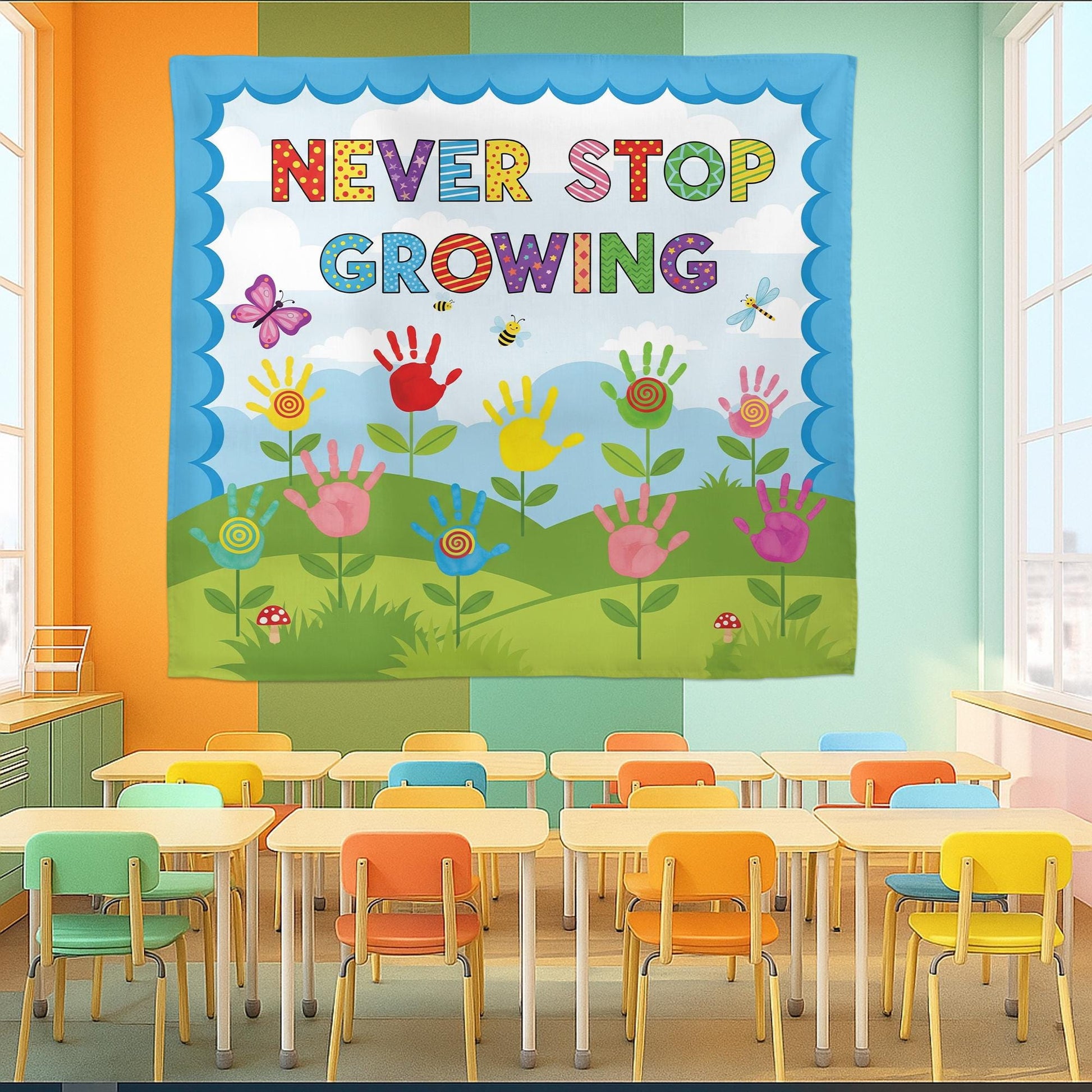 Never Stop Growing Classroom Tapestry - Handprint Flower Wall Art, Inspirational Teacher Decor for Preschool & Elementary Classroom, School