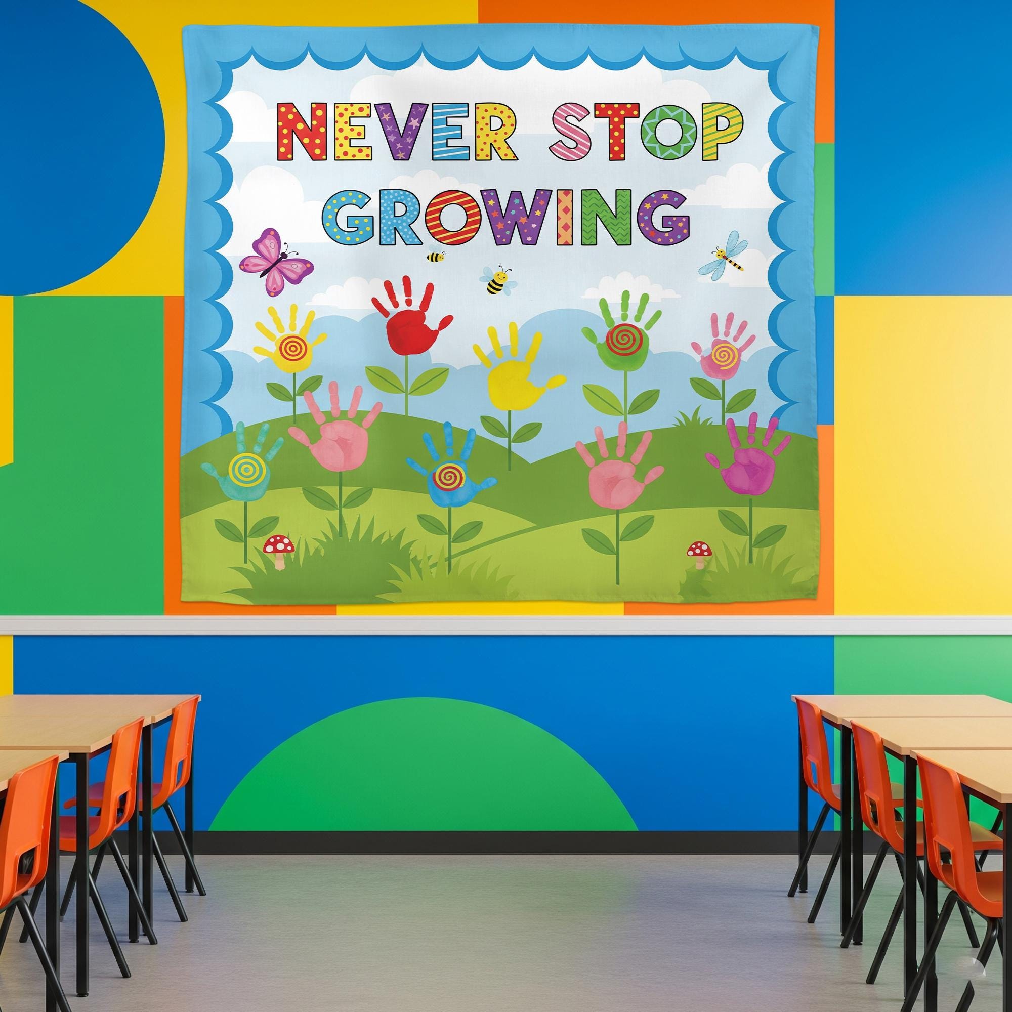 Never Stop Growing Classroom Tapestry - Handprint Flower Wall Art, Inspirational Teacher Decor for Preschool & Elementary Classroom, School