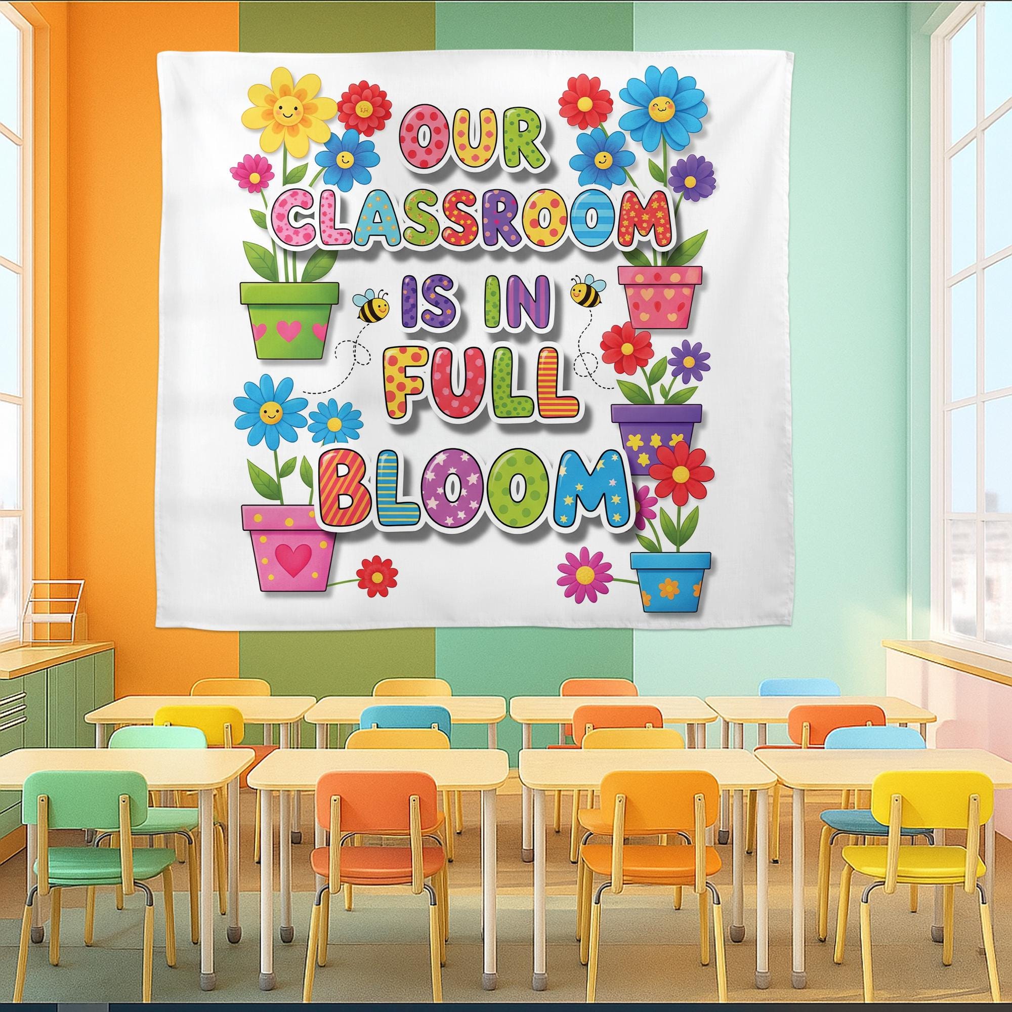 Our Classroom Is in Full Bloom Tapestry - Colorful Flower Wall Art for Teachers, Back To School Classroom Decor for Preschool & Elementary