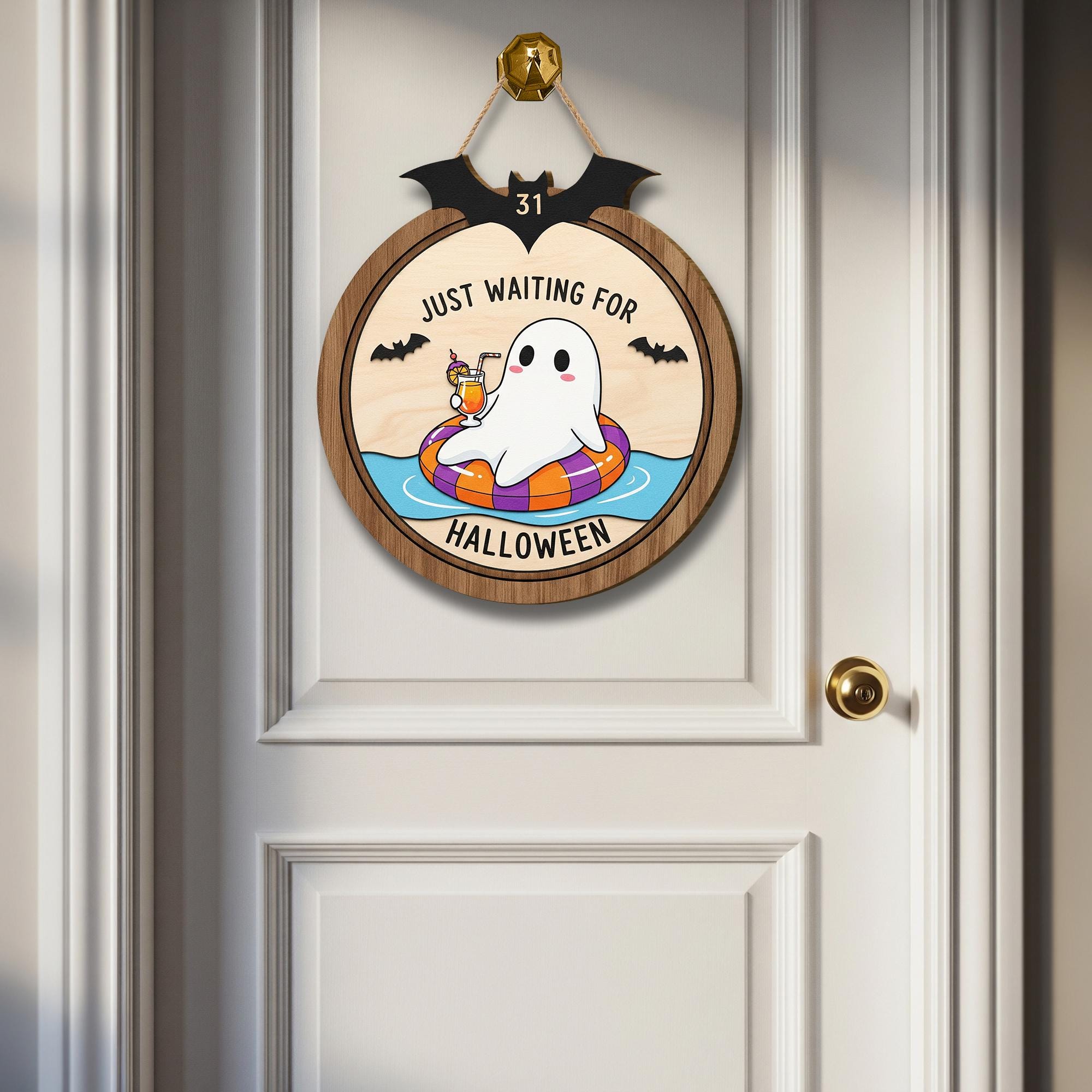 Funny Ghost Wooden Door Sign – Just Waiting for Halloween Summer Sign, Spooky Season Porch Decor, Cute Halloween Ghost Wall Hanging