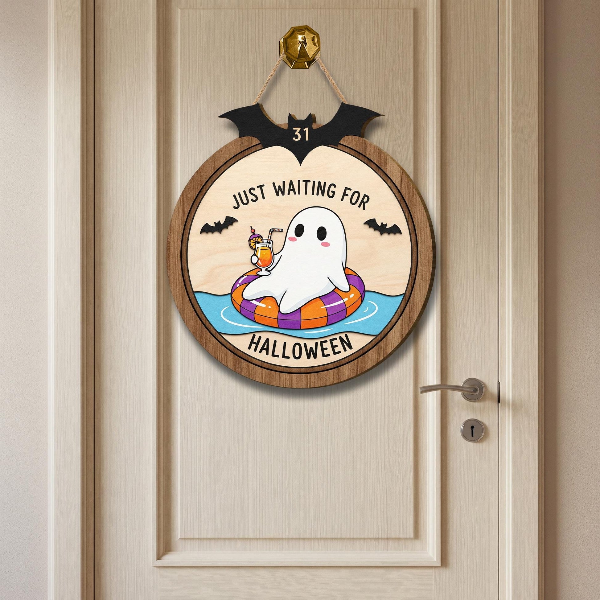 Funny Ghost Wooden Door Sign – Just Waiting for Halloween Summer Sign, Spooky Season Porch Decor, Cute Halloween Ghost Wall Hanging