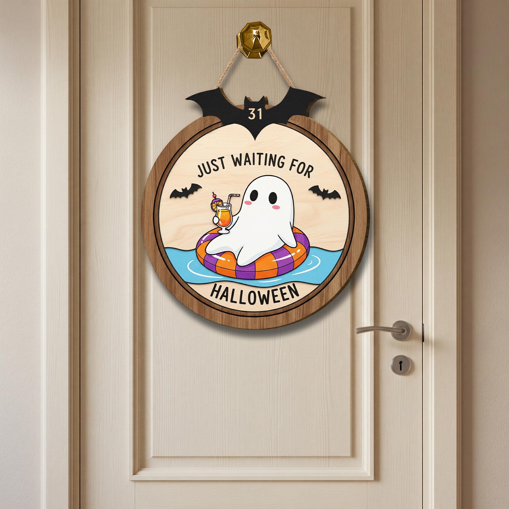 Funny Ghost Wooden Door Sign – Just Waiting for Halloween Summer Sign, Spooky Season Porch Decor, Cute Halloween Ghost Wall Hanging