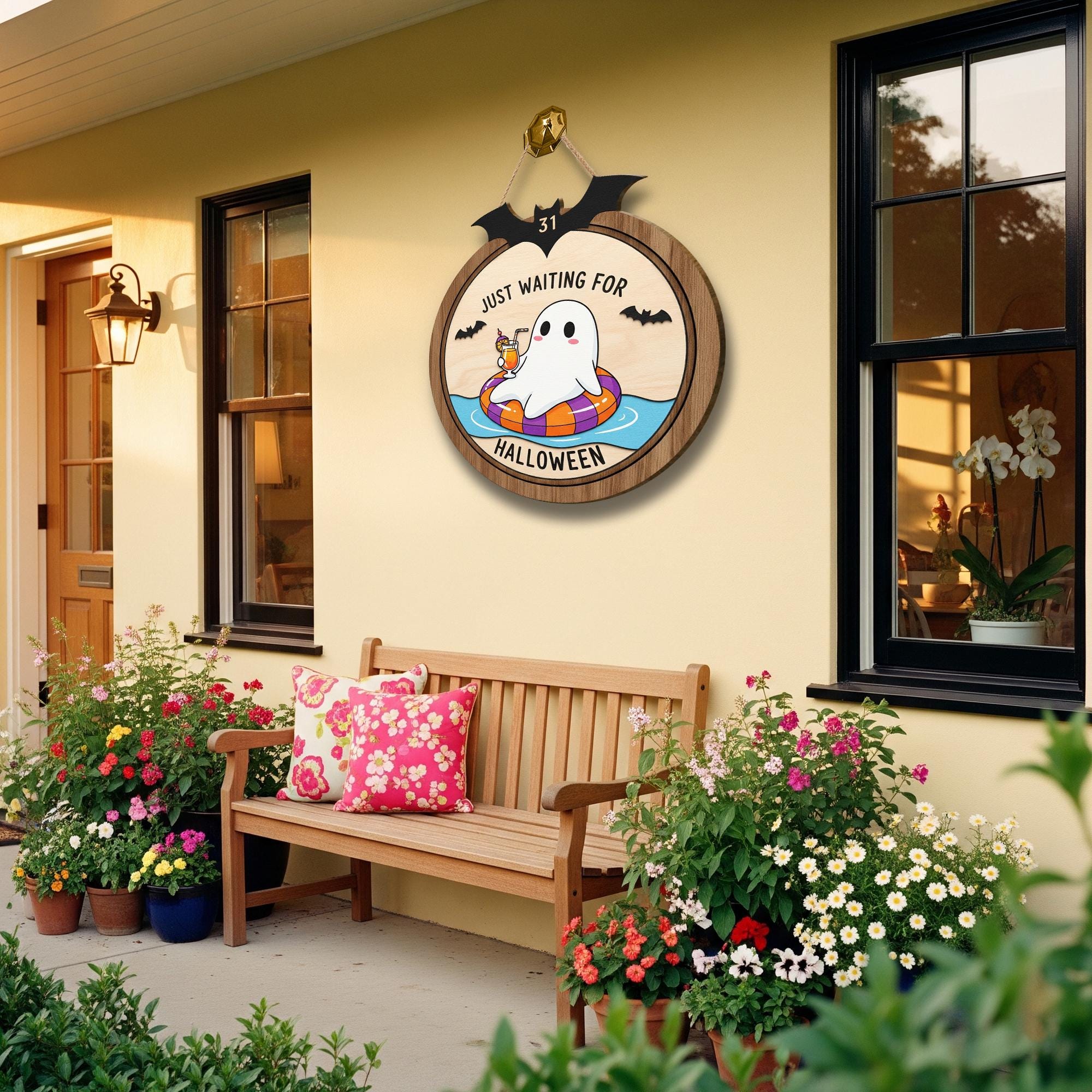 Funny Ghost Wooden Door Sign – Just Waiting for Halloween Summer Sign, Spooky Season Porch Decor, Cute Halloween Ghost Wall Hanging