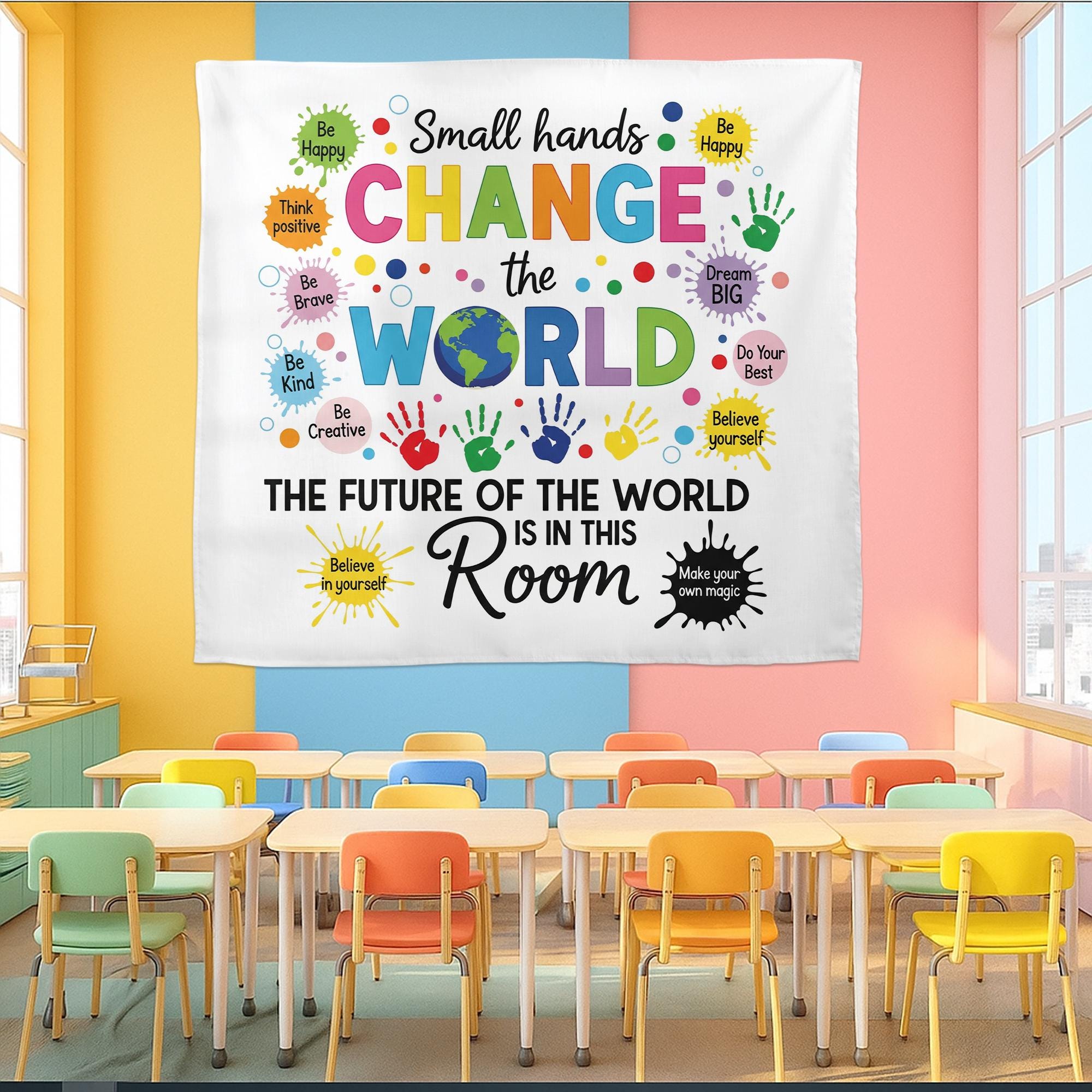 Small Hands Change the World Tapestry - Inspirational Classroom Wall Decor, Motivational Poster for Preschool & Elementary Teachers