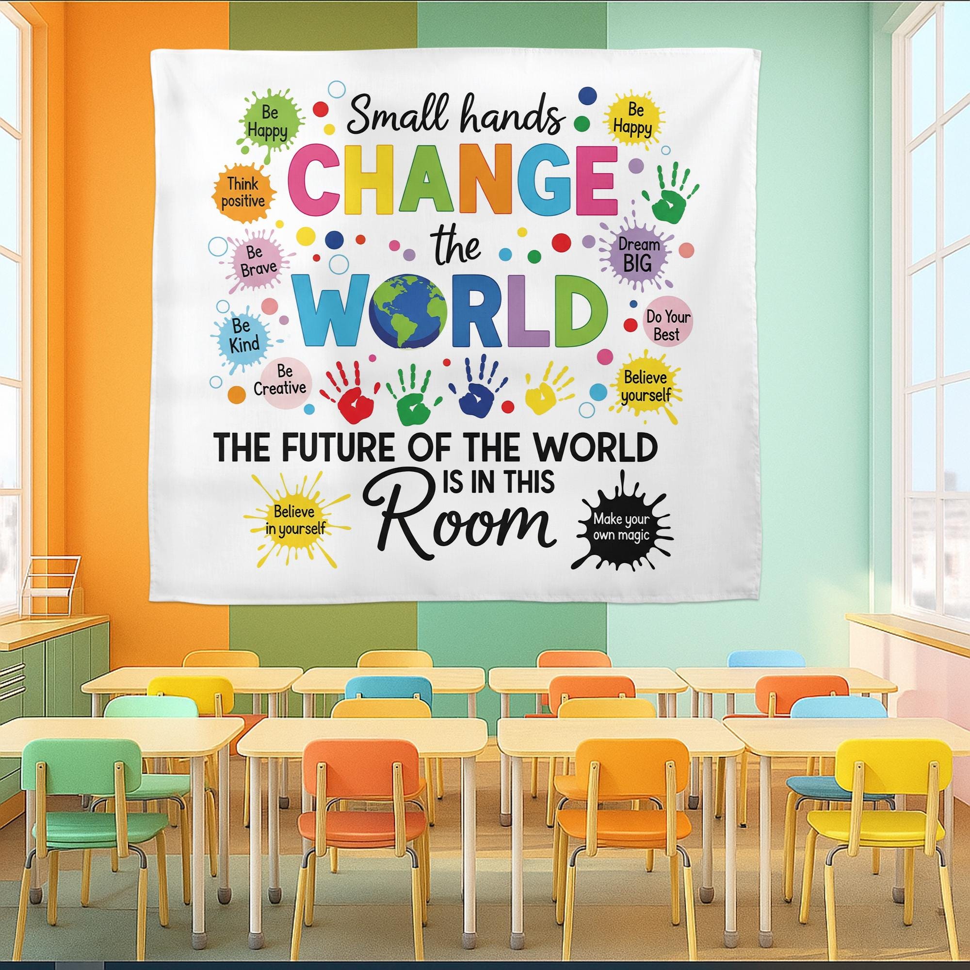 Small Hands Change the World Tapestry - Inspirational Classroom Wall Decor, Motivational Poster for Preschool & Elementary Teachers