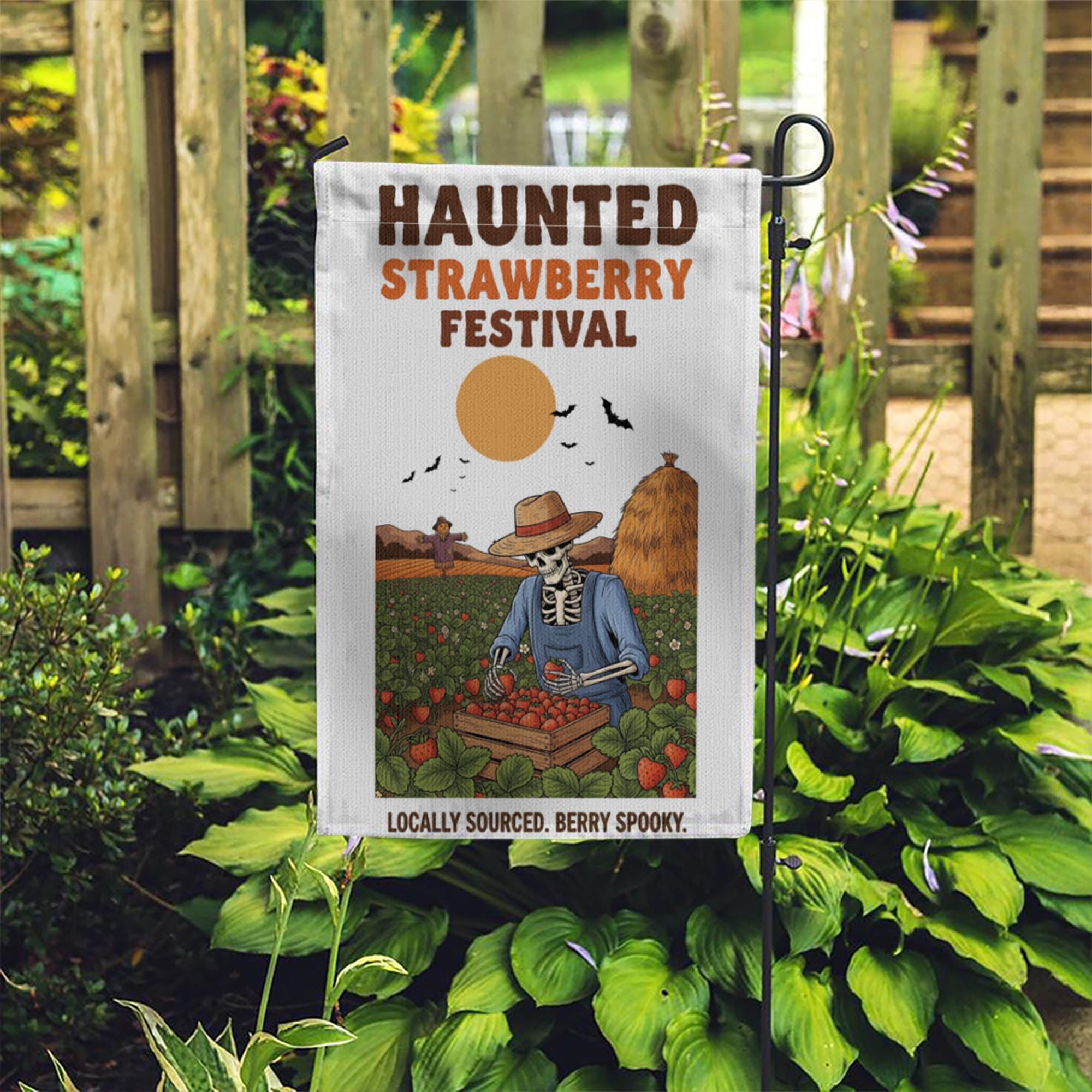 Haunted Strawberry Festival Flag – Funny Skeleton Garden Flag, Halloween Strawberry Patch Decor, Spooky Farm Outdoor Yard Sign