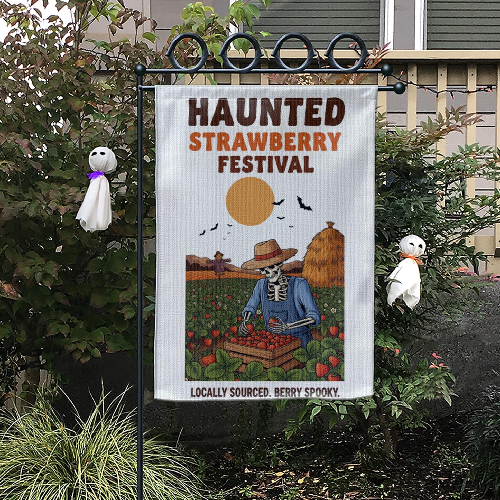 Haunted Strawberry Festival Flag – Funny Skeleton Garden Flag, Halloween Strawberry Patch Decor, Spooky Farm Outdoor Yard Sign