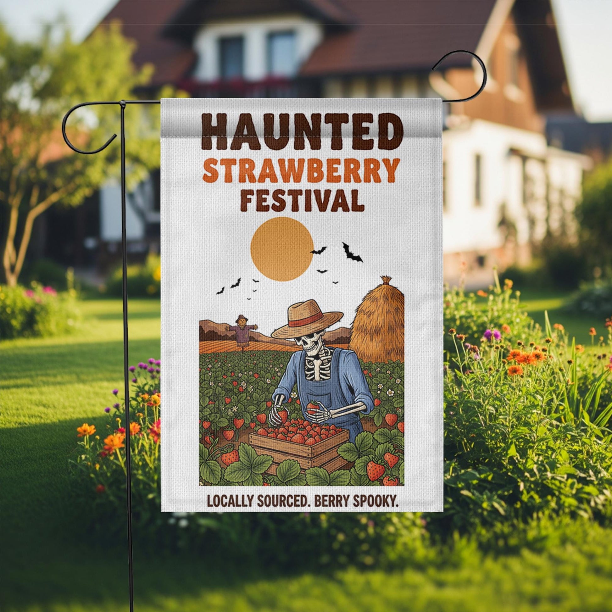 Haunted Strawberry Festival Flag – Funny Skeleton Garden Flag, Halloween Strawberry Patch Decor, Spooky Farm Outdoor Yard Sign