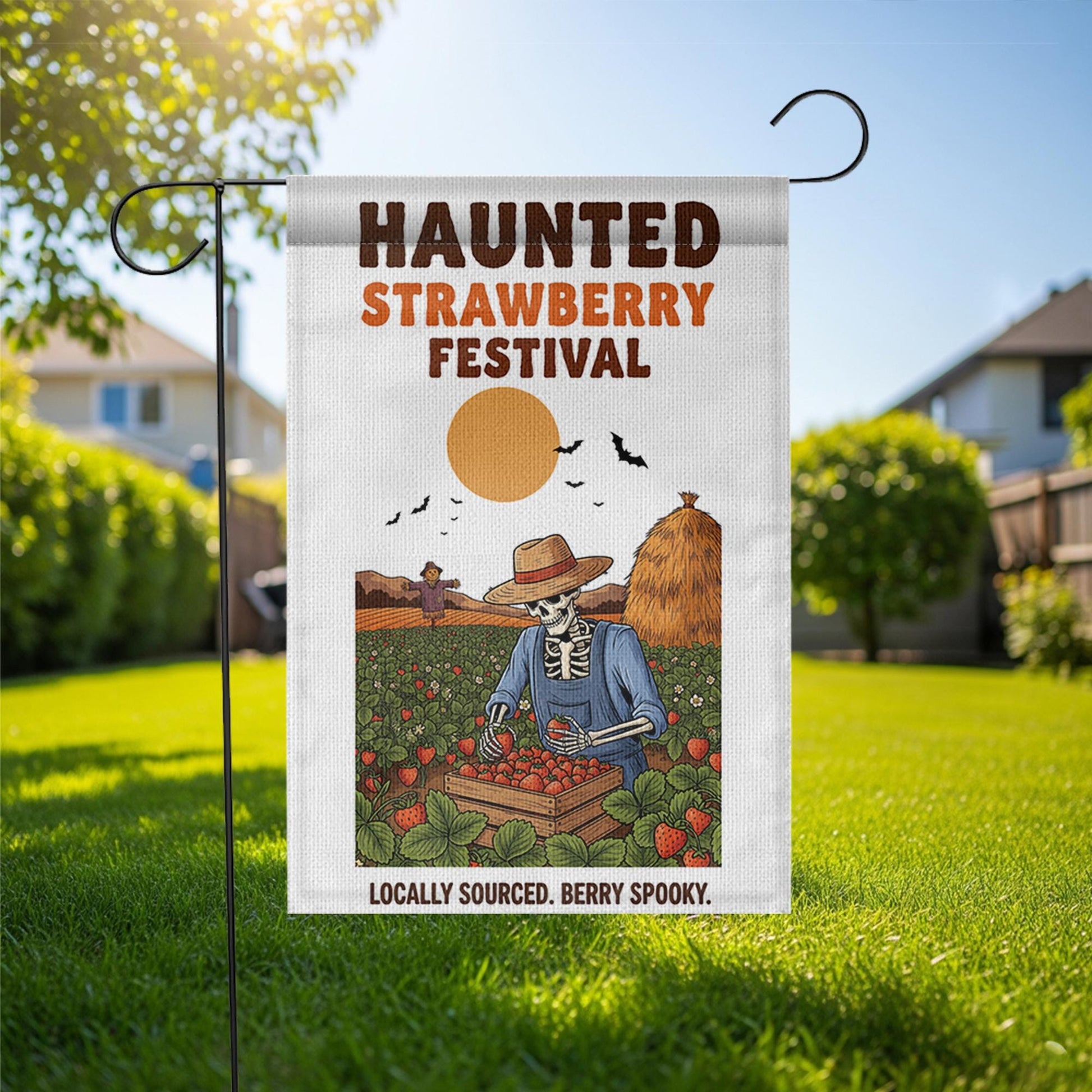 Haunted Strawberry Festival Flag – Funny Skeleton Garden Flag, Halloween Strawberry Patch Decor, Spooky Farm Outdoor Yard Sign