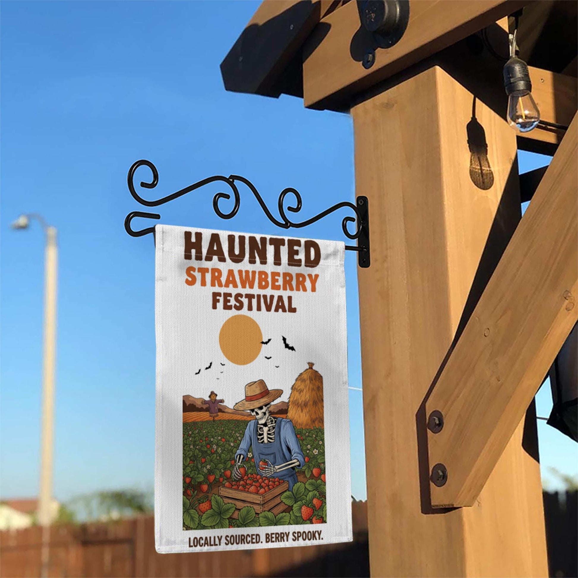 Haunted Strawberry Festival Flag – Funny Skeleton Garden Flag, Halloween Strawberry Patch Decor, Spooky Farm Outdoor Yard Sign