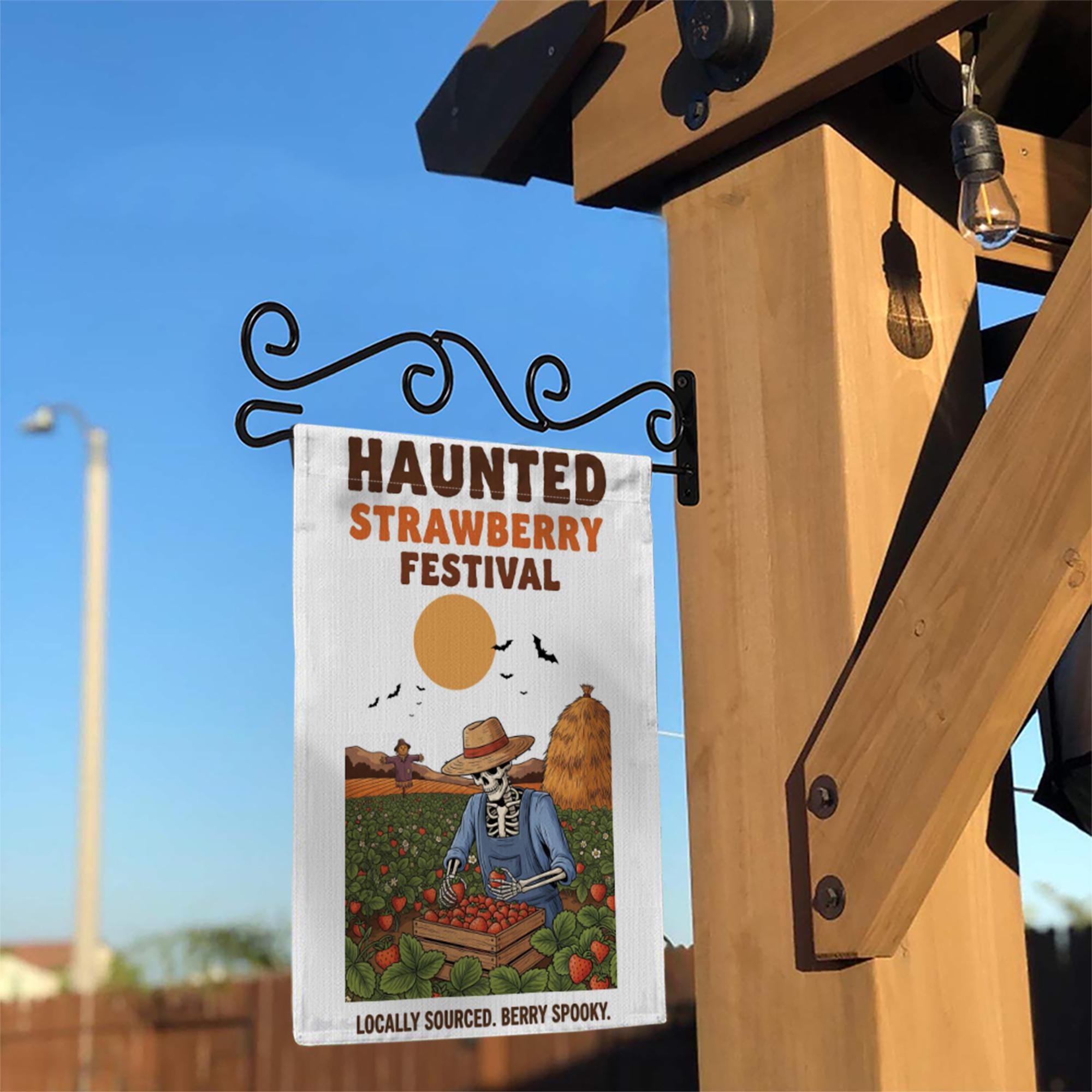 Haunted Strawberry Festival Flag – Funny Skeleton Garden Flag, Halloween Strawberry Patch Decor, Spooky Farm Outdoor Yard Sign