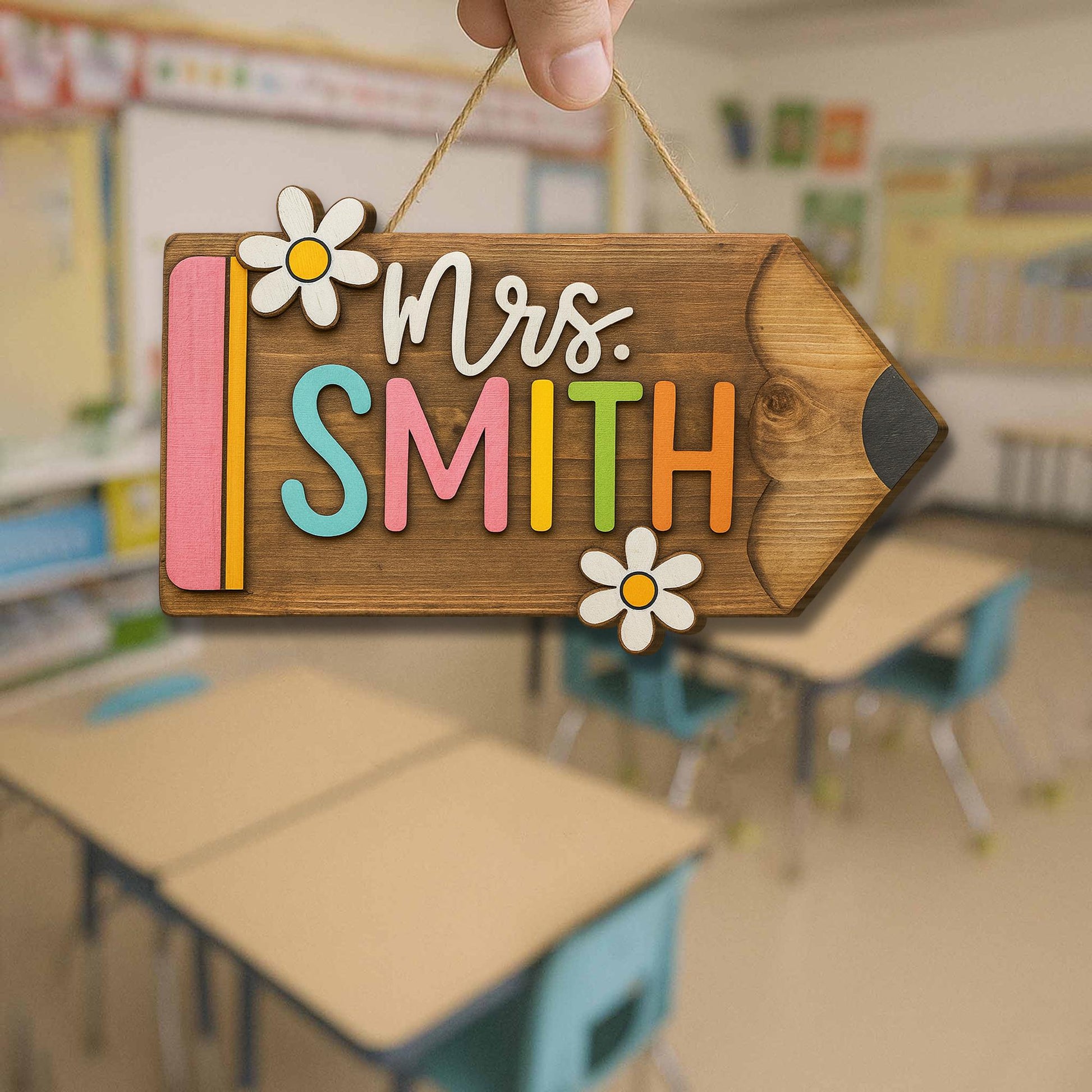 Personalized Teacher Door Sign - Wooden Pencil Name Sign with Flowers, Custom Classroom Decor for School or Office, Back To School Decor