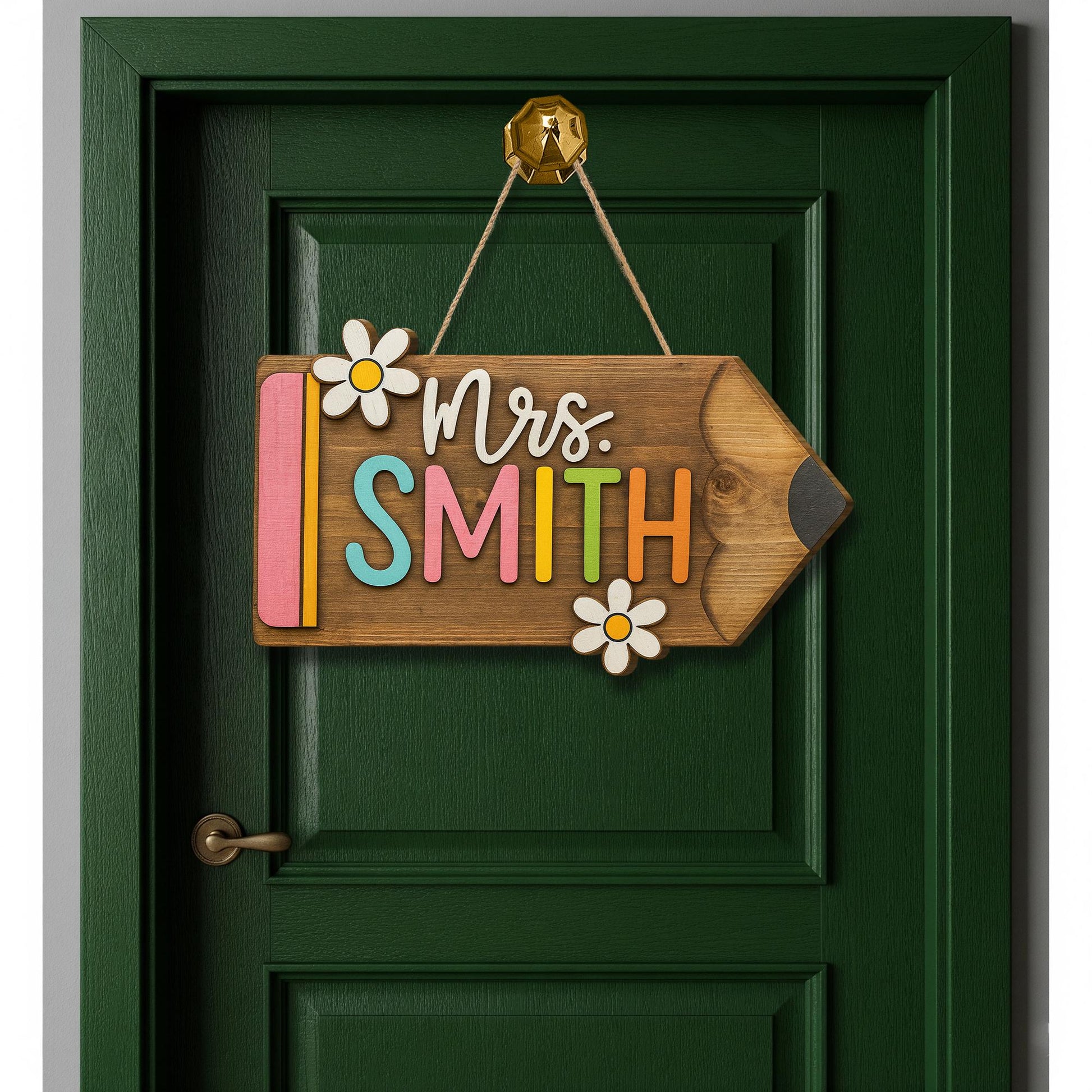 Personalized Teacher Door Sign - Wooden Pencil Name Sign with Flowers, Custom Classroom Decor for School or Office, Back To School Decor