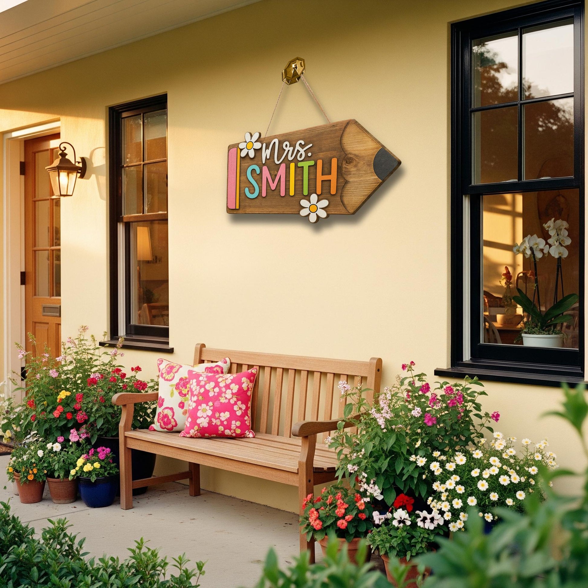 Personalized Teacher Door Sign - Wooden Pencil Name Sign with Flowers, Custom Classroom Decor for School or Office, Back To School Decor