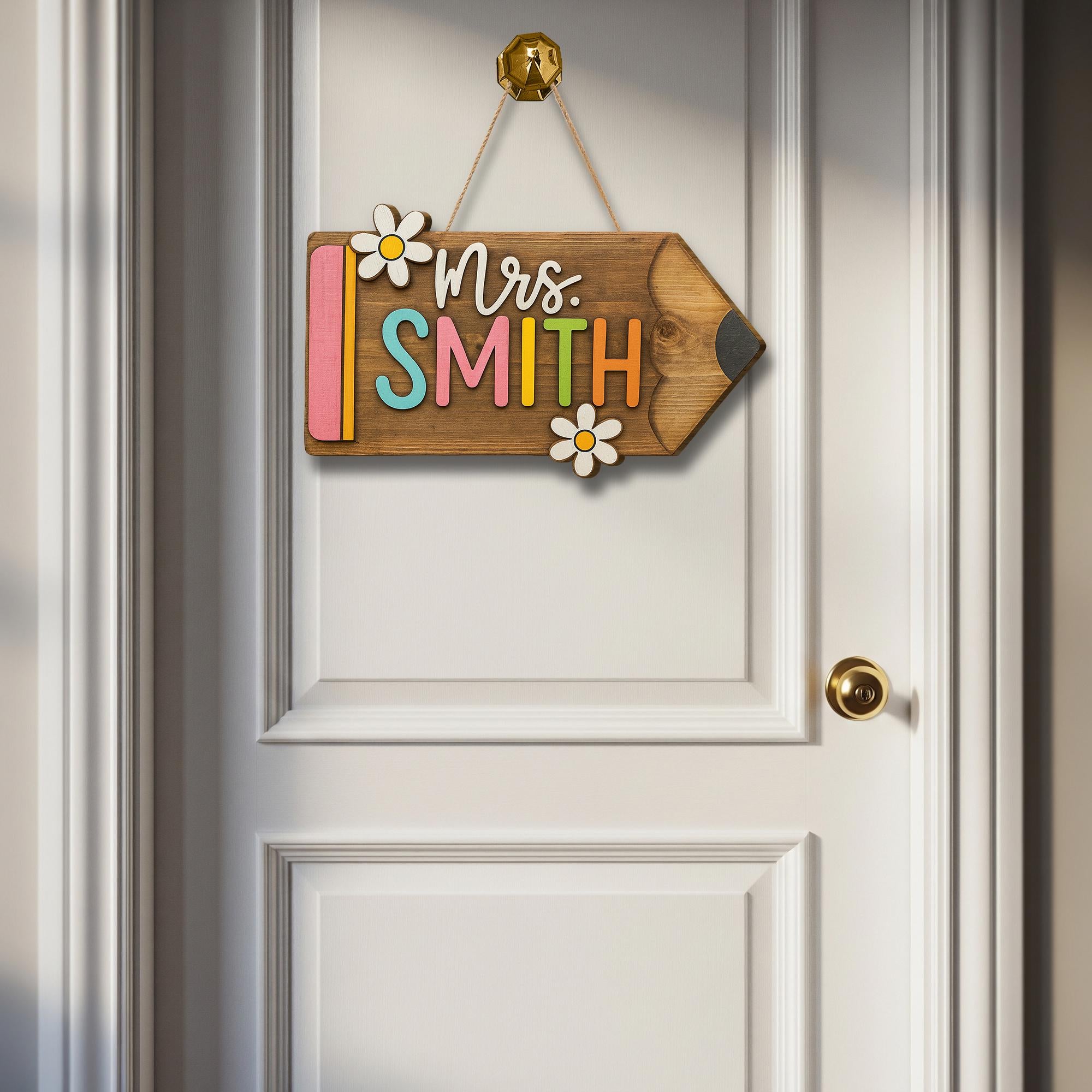 Personalized Teacher Door Sign - Wooden Pencil Name Sign with Flowers, Custom Classroom Decor for School or Office, Back To School Decor