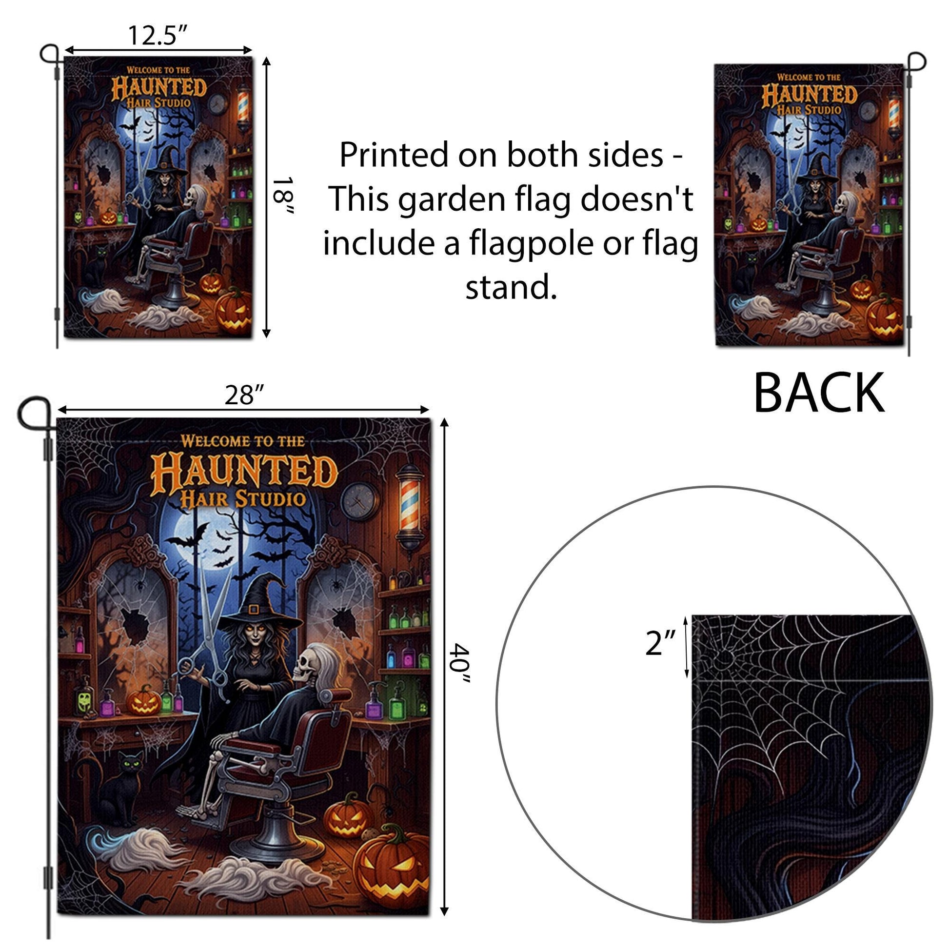 Haunted Hair Studio Garden Flag, Funny Halloween Witch Skeleton Barber Shop Yard Decor, Spooky Salon Outdoor Sign, Fall Lawn Decoration