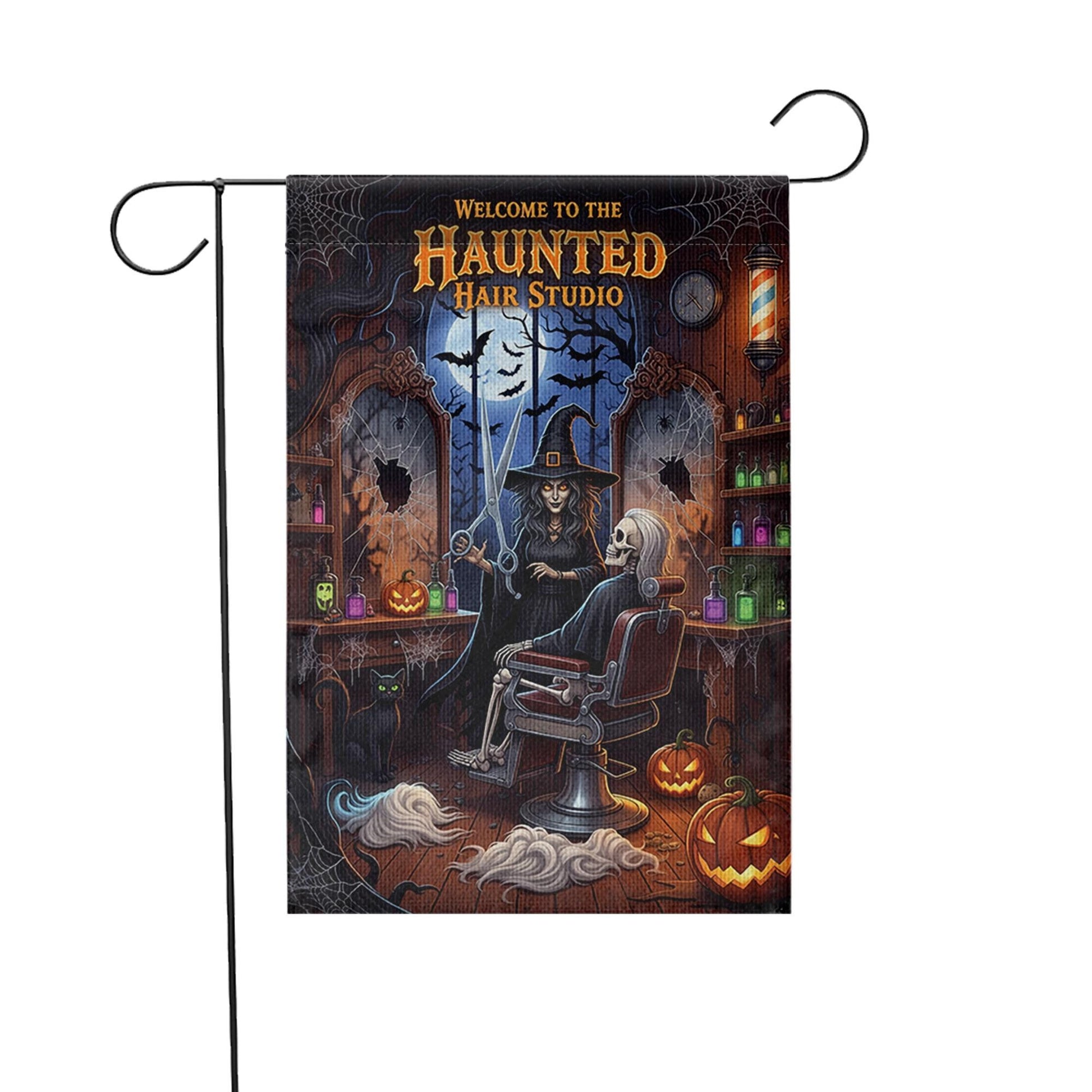 Haunted Hair Studio Garden Flag, Funny Halloween Witch Skeleton Barber Shop Yard Decor, Spooky Salon Outdoor Sign, Fall Lawn Decoration