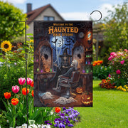Haunted Hair Studio Garden Flag, Funny Halloween Witch Skeleton Barber Shop Yard Decor, Spooky Salon Outdoor Sign, Fall Lawn Decoration