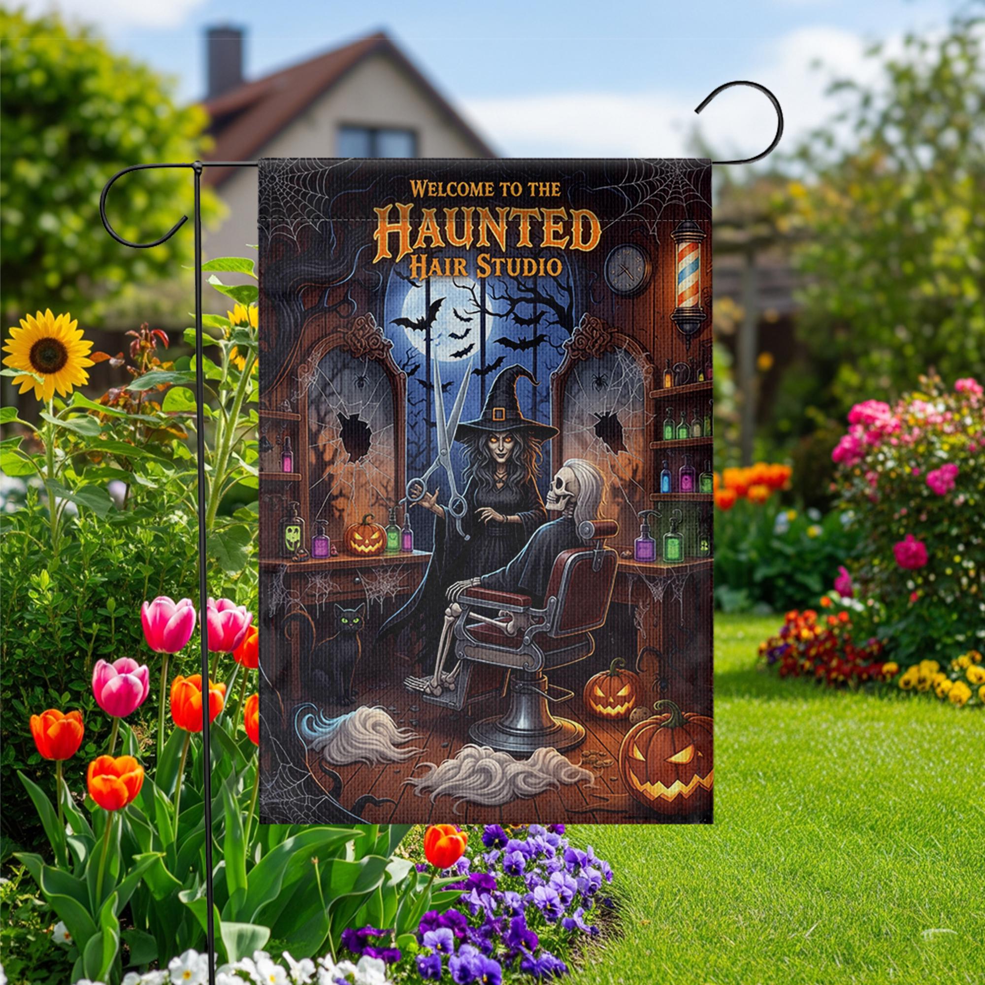 Haunted Hair Studio Garden Flag, Funny Halloween Witch Skeleton Barber Shop Yard Decor, Spooky Salon Outdoor Sign, Fall Lawn Decoration