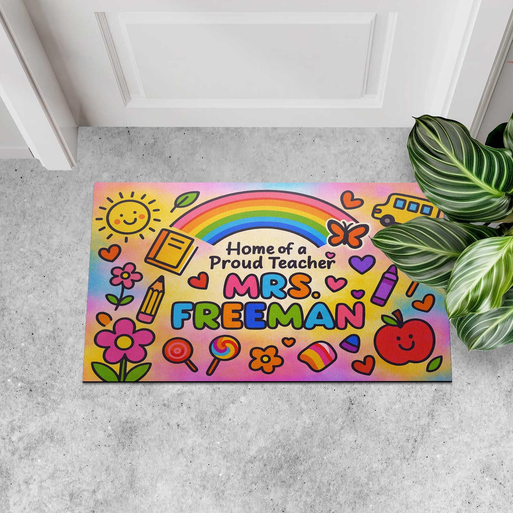 Personalized Teacher Doormat - Home of a Proud Teacher Rainbow Mat, Custom Welcome Mat for Classroom or School Gift, Back To School Decor