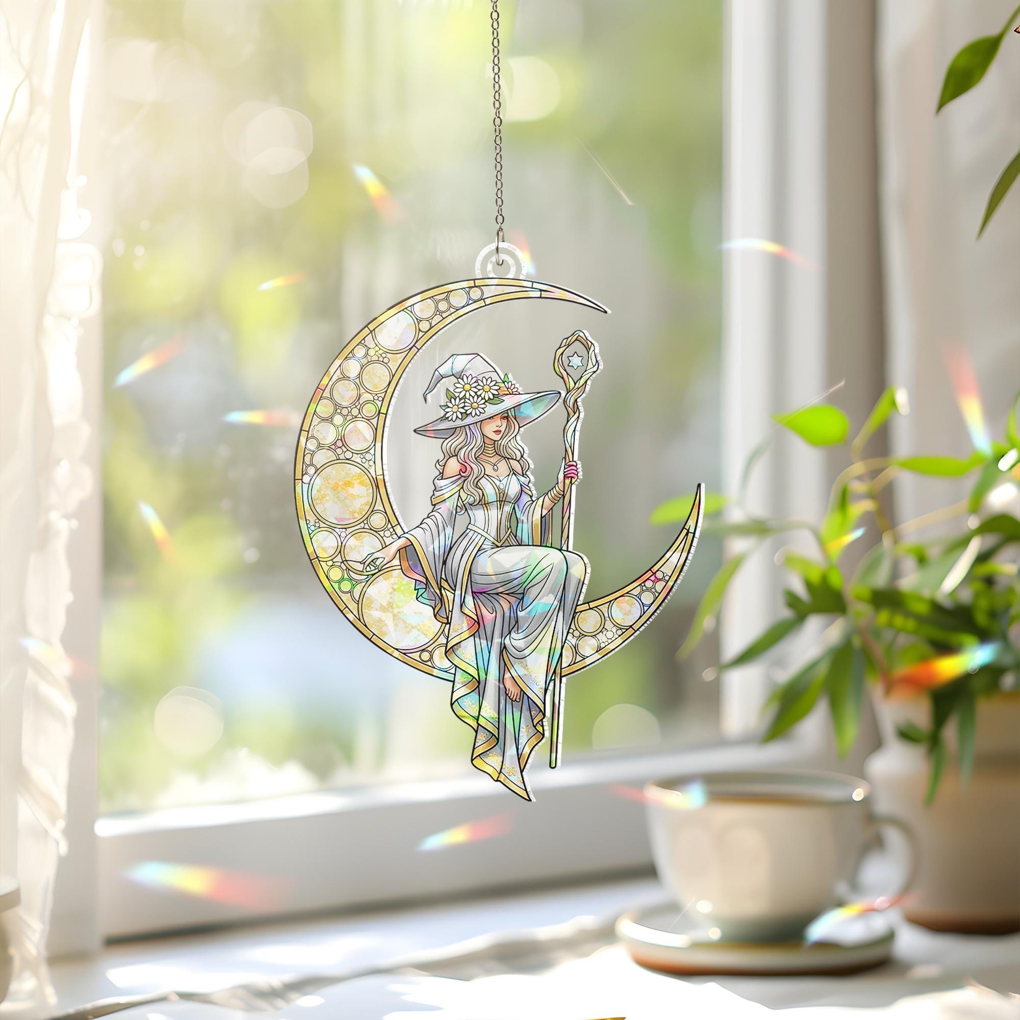 Moon Witch Stained Glass Suncatcher, Hanging Window Crystal Prism, Crescent Witch Sun Catcher Decor, Boho Mystic Window Art Gift