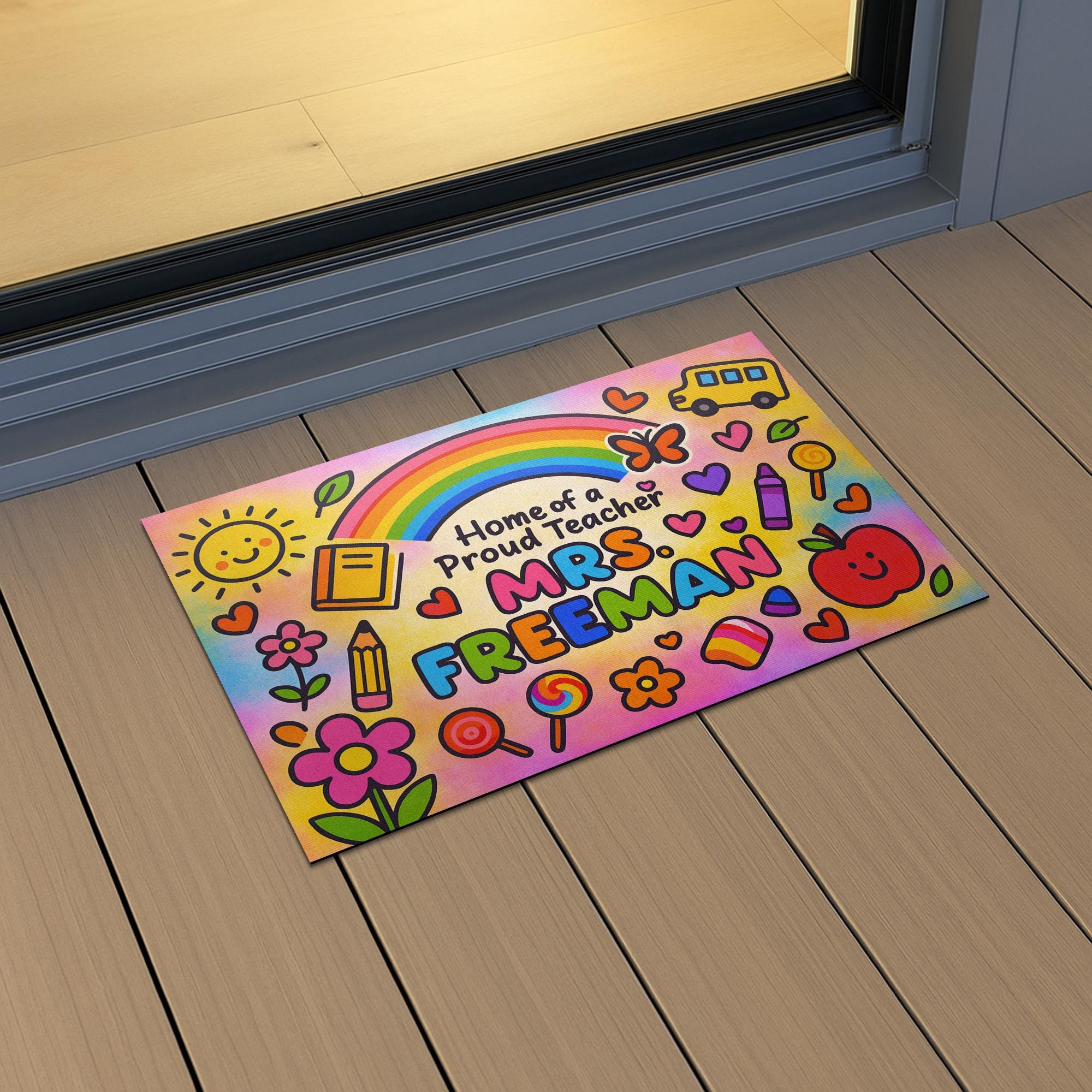 Personalized Teacher Doormat - Home of a Proud Teacher Rainbow Mat, Custom Welcome Mat for Classroom or School Gift, Back To School Decor