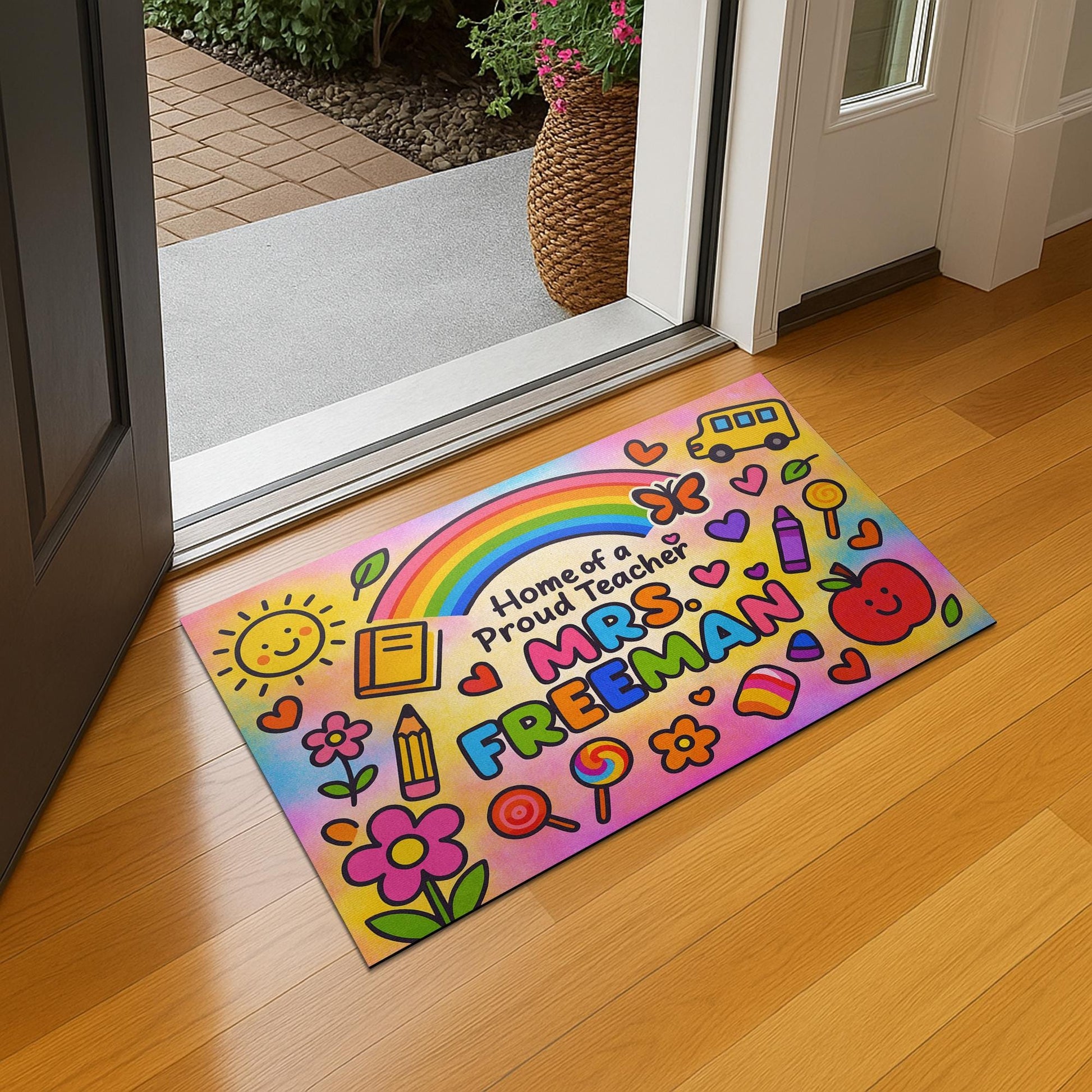 Personalized Teacher Doormat - Home of a Proud Teacher Rainbow Mat, Custom Welcome Mat for Classroom or School Gift, Back To School Decor