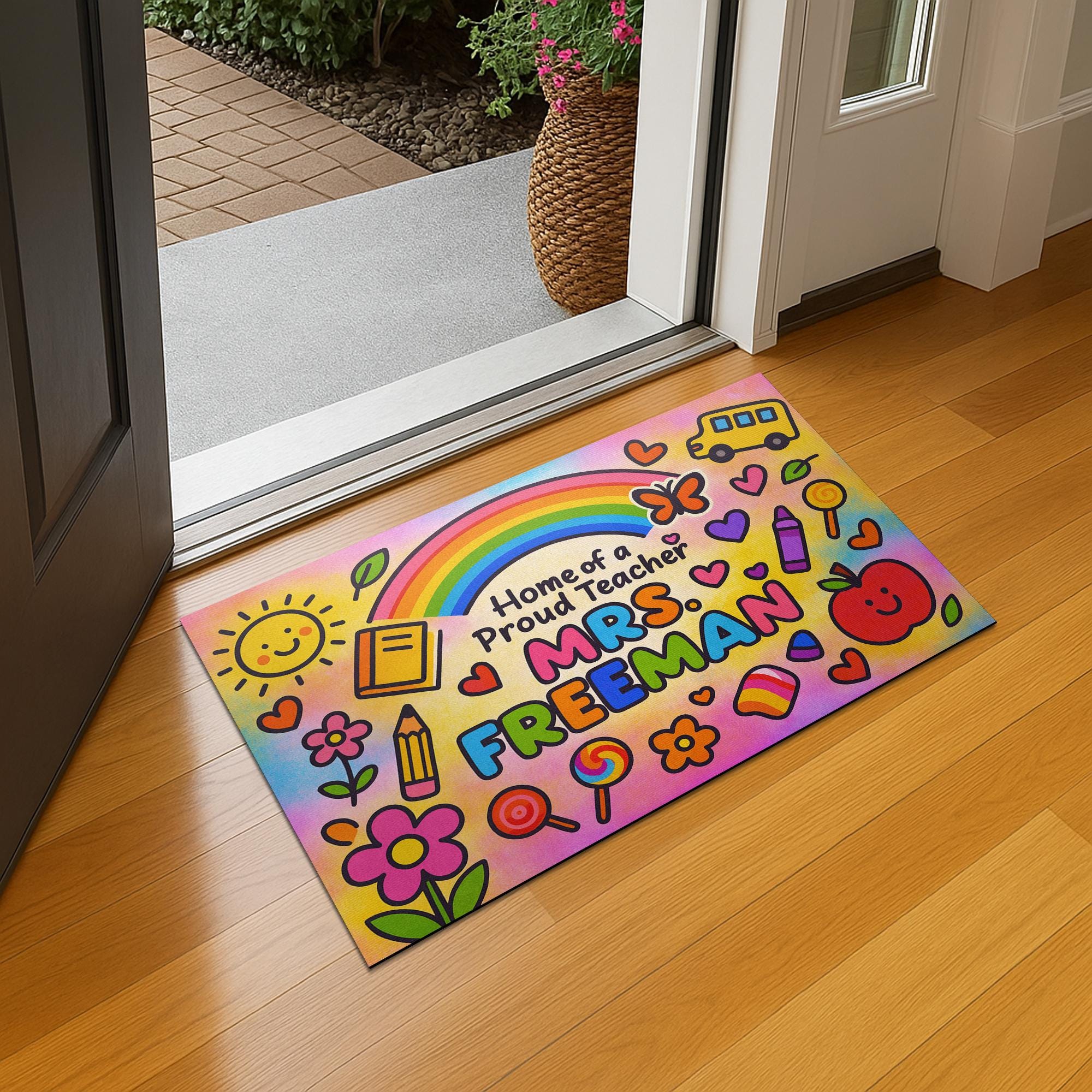 Personalized Teacher Doormat - Home of a Proud Teacher Rainbow Mat, Custom Welcome Mat for Classroom or School Gift, Back To School Decor
