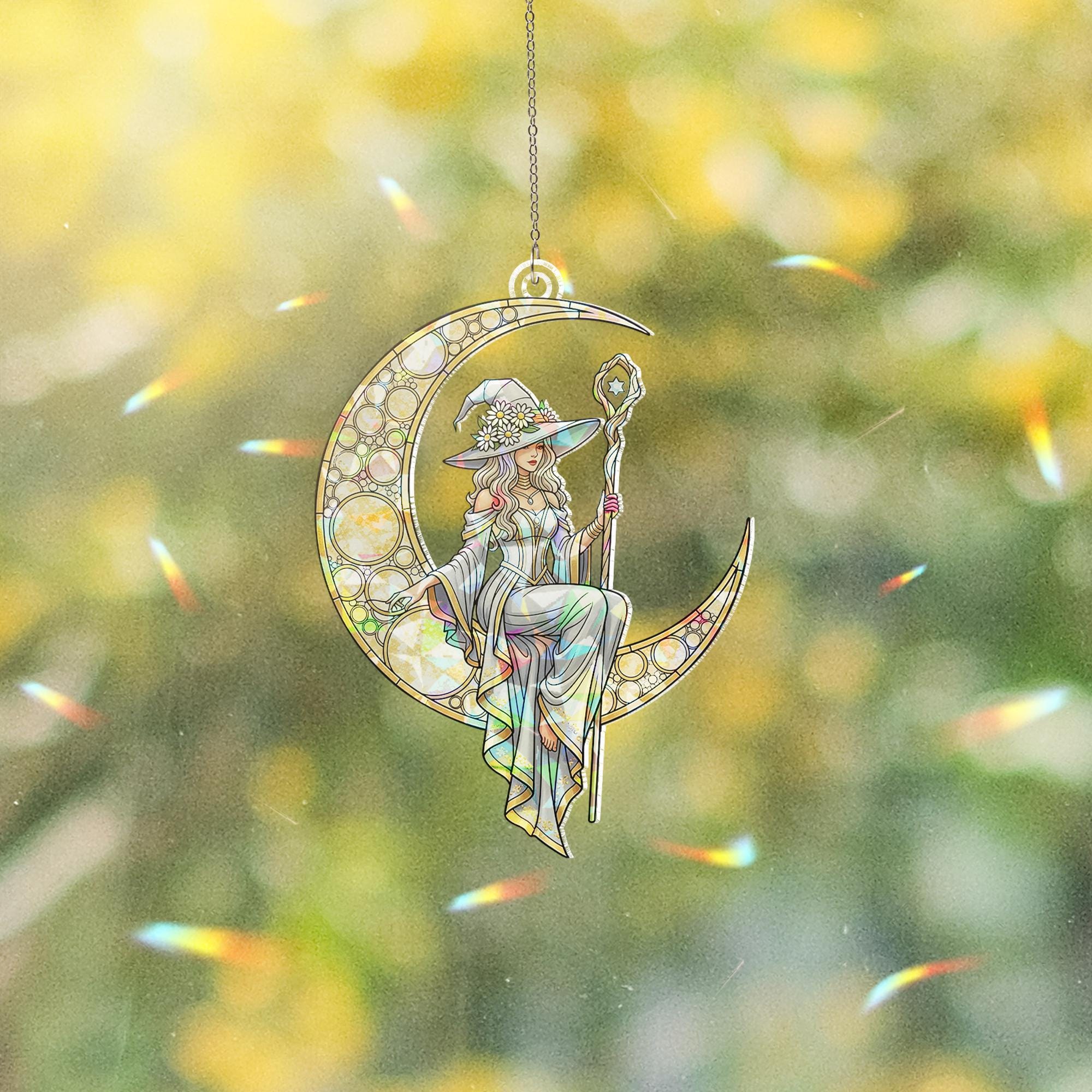 Moon Witch Stained Glass Suncatcher, Hanging Window Crystal Prism, Crescent Witch Sun Catcher Decor, Boho Mystic Window Art Gift