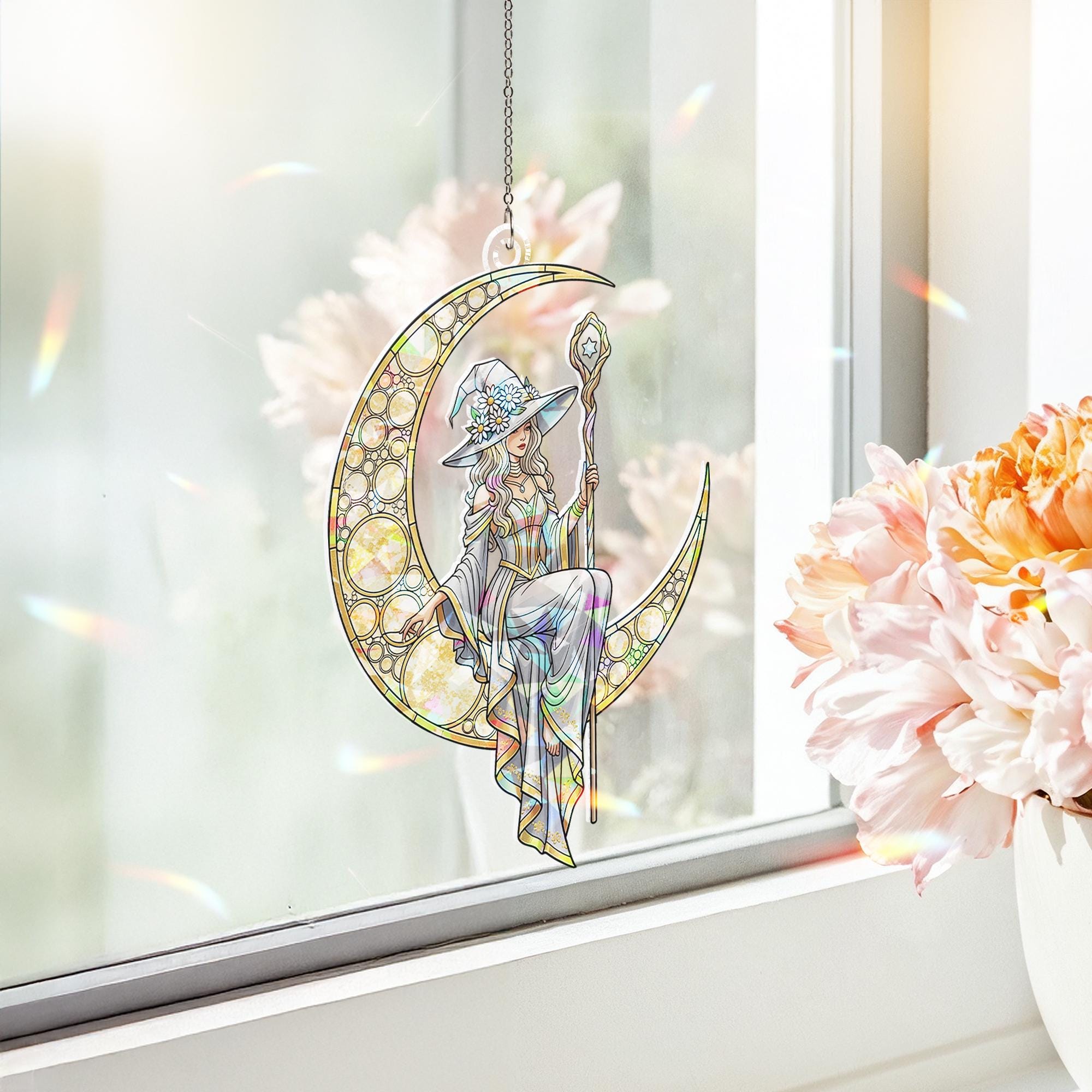 Moon Witch Stained Glass Suncatcher, Hanging Window Crystal Prism, Crescent Witch Sun Catcher Decor, Boho Mystic Window Art Gift