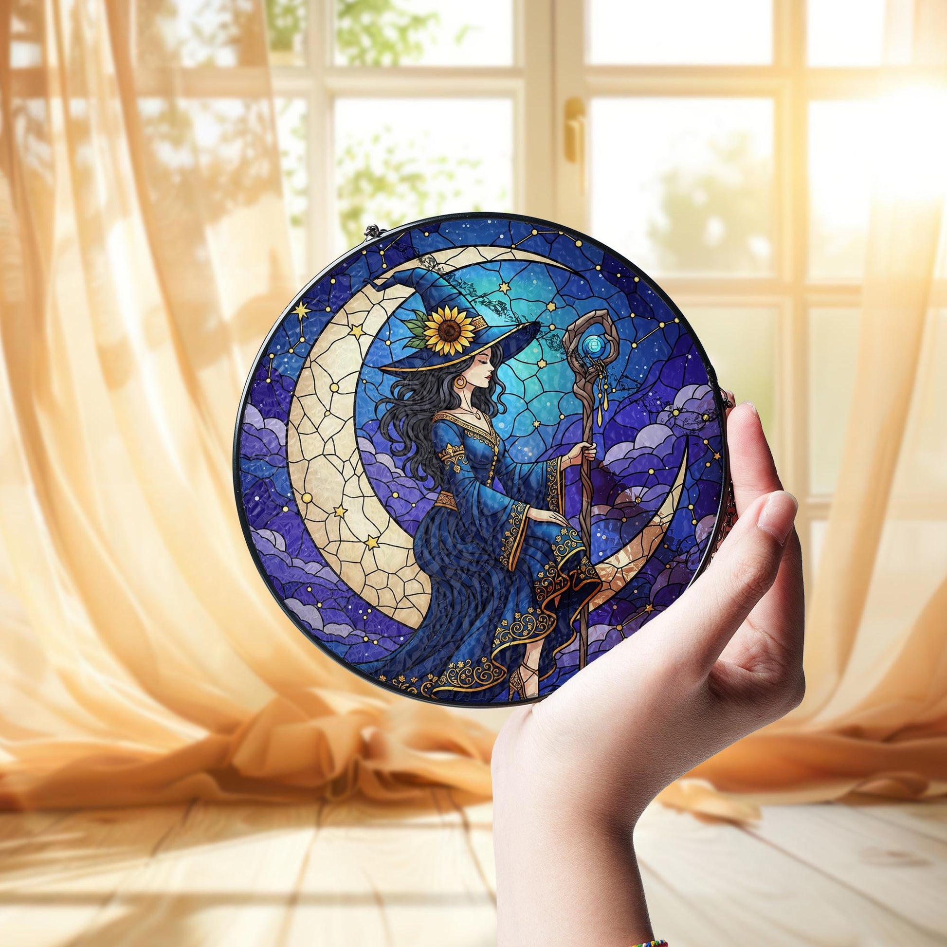 Witch Stained Glass Suncatcher, Crescent Moon Window Hanging Decor, Mystical Boho Witch Sun Catcher, Gothic Wiccan Home Gift