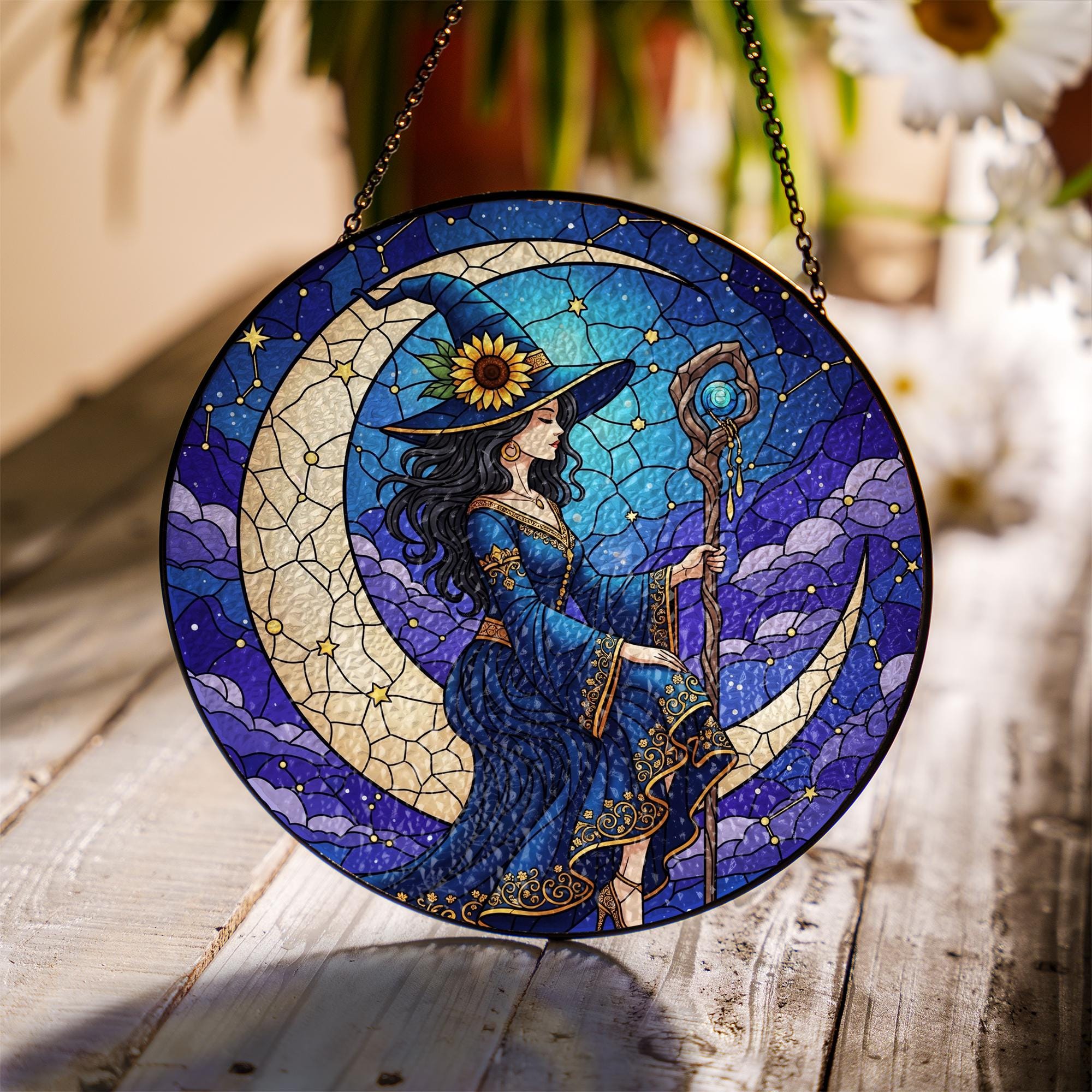 Witch Stained Glass Suncatcher, Crescent Moon Window Hanging Decor, Mystical Boho Witch Sun Catcher, Gothic Wiccan Home Gift