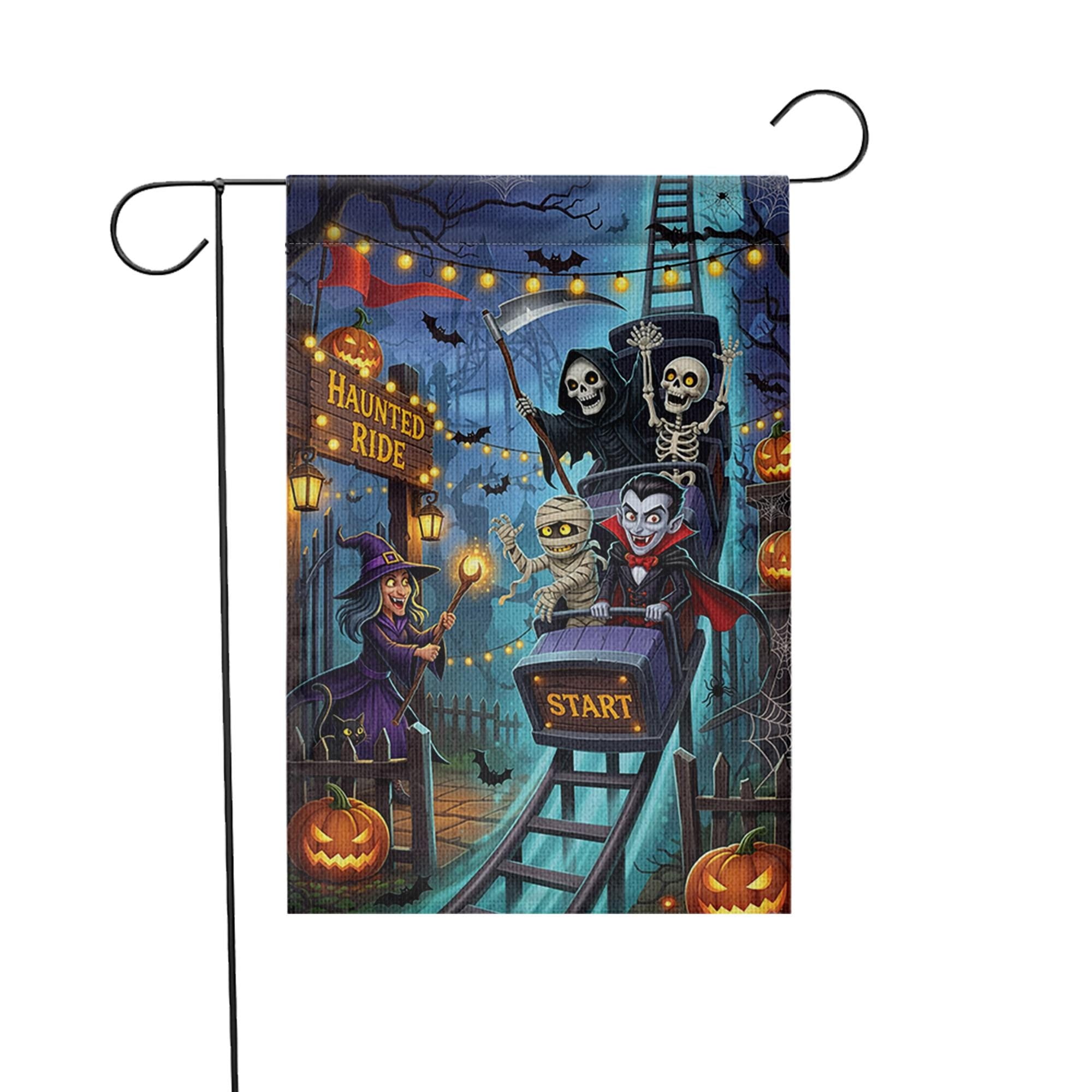 Haunted Ride Halloween Garden Flag, Spooky Roller Coaster Witch Vampire Skeleton Mummy Yard Decor, Funny Outdoor Fall Decoration